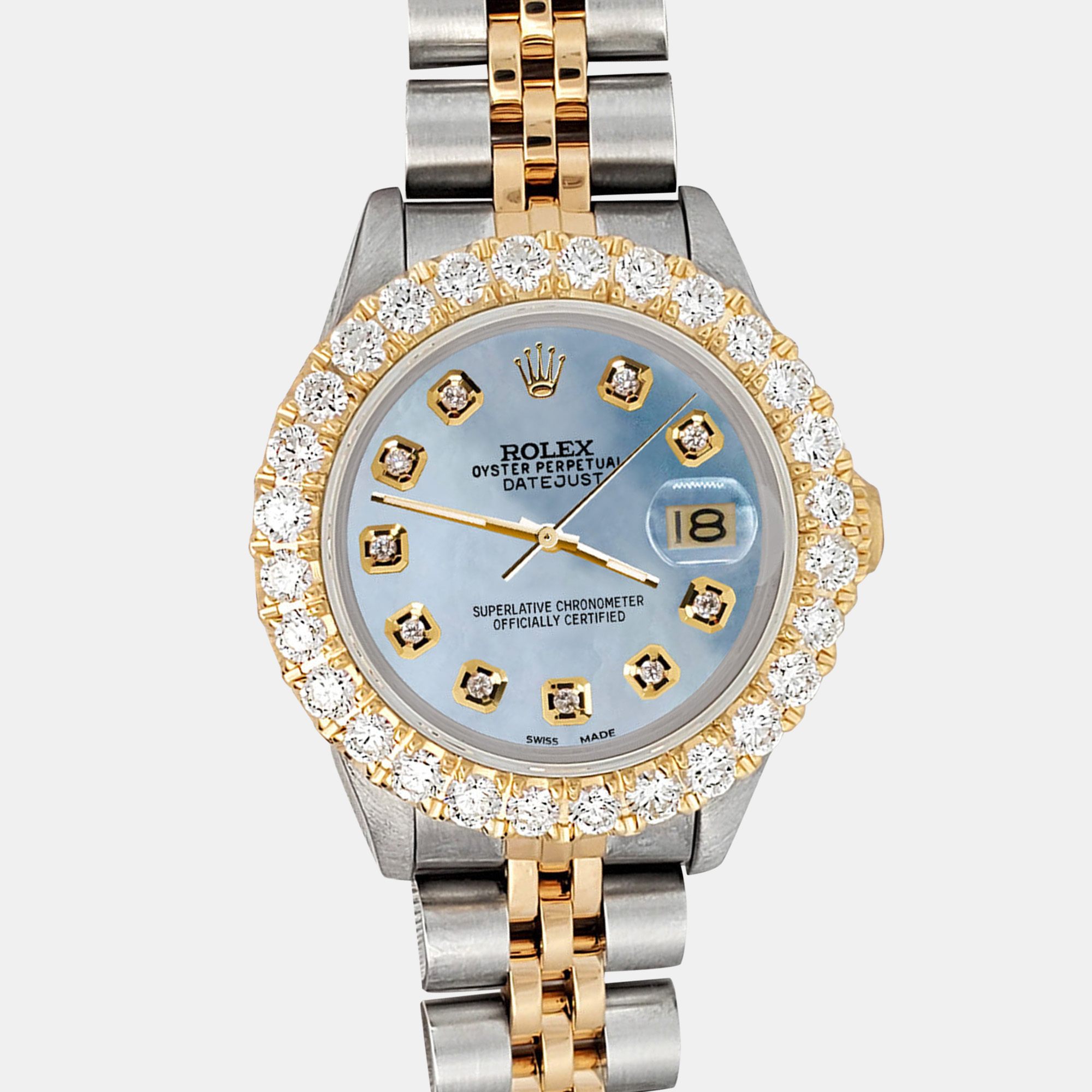 

Rolex Custom Sky Blue 1.96ct Diamonds 18K Yellow Gold Stainless Steel Datejust Automatic Women's Wristwatch