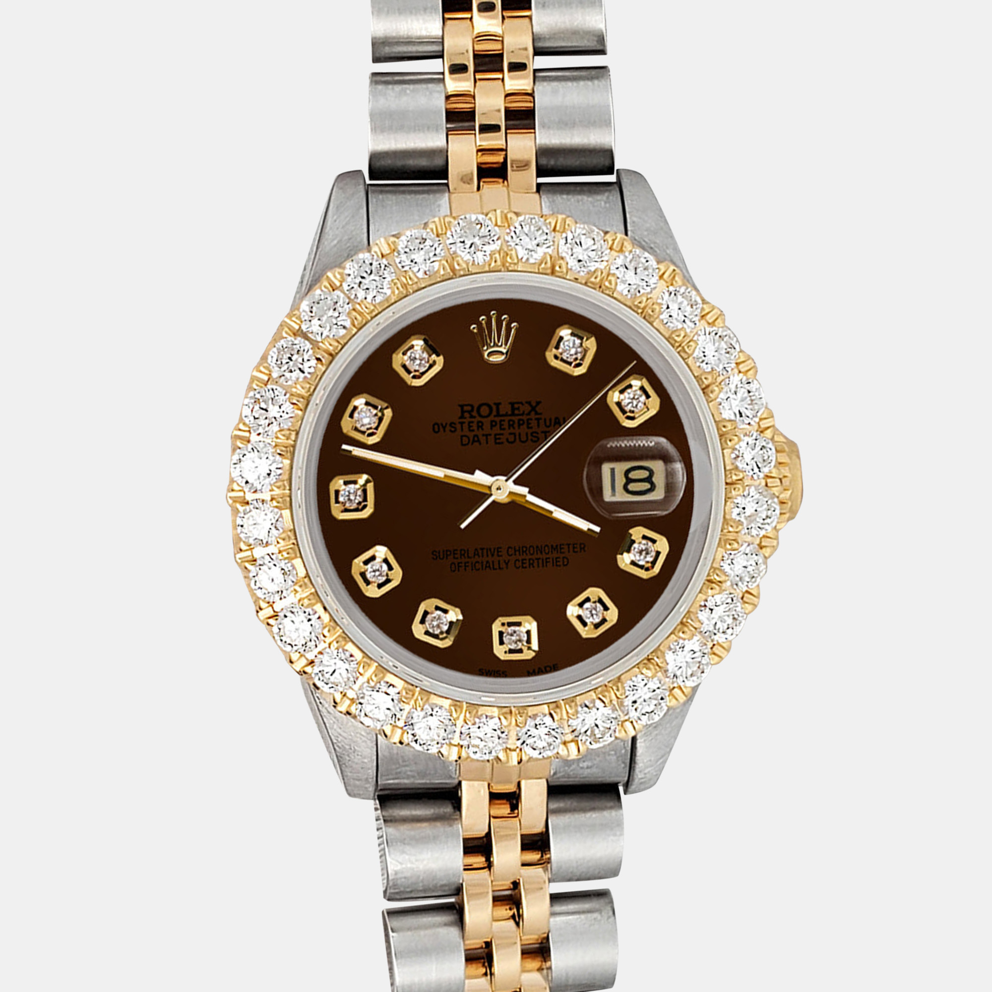 

Rolex Custom Chocolate 1.96ct Diamonds 18K Yellow Gold Stainless Steel Datejust Automatic Women's Wristwatch, Brown