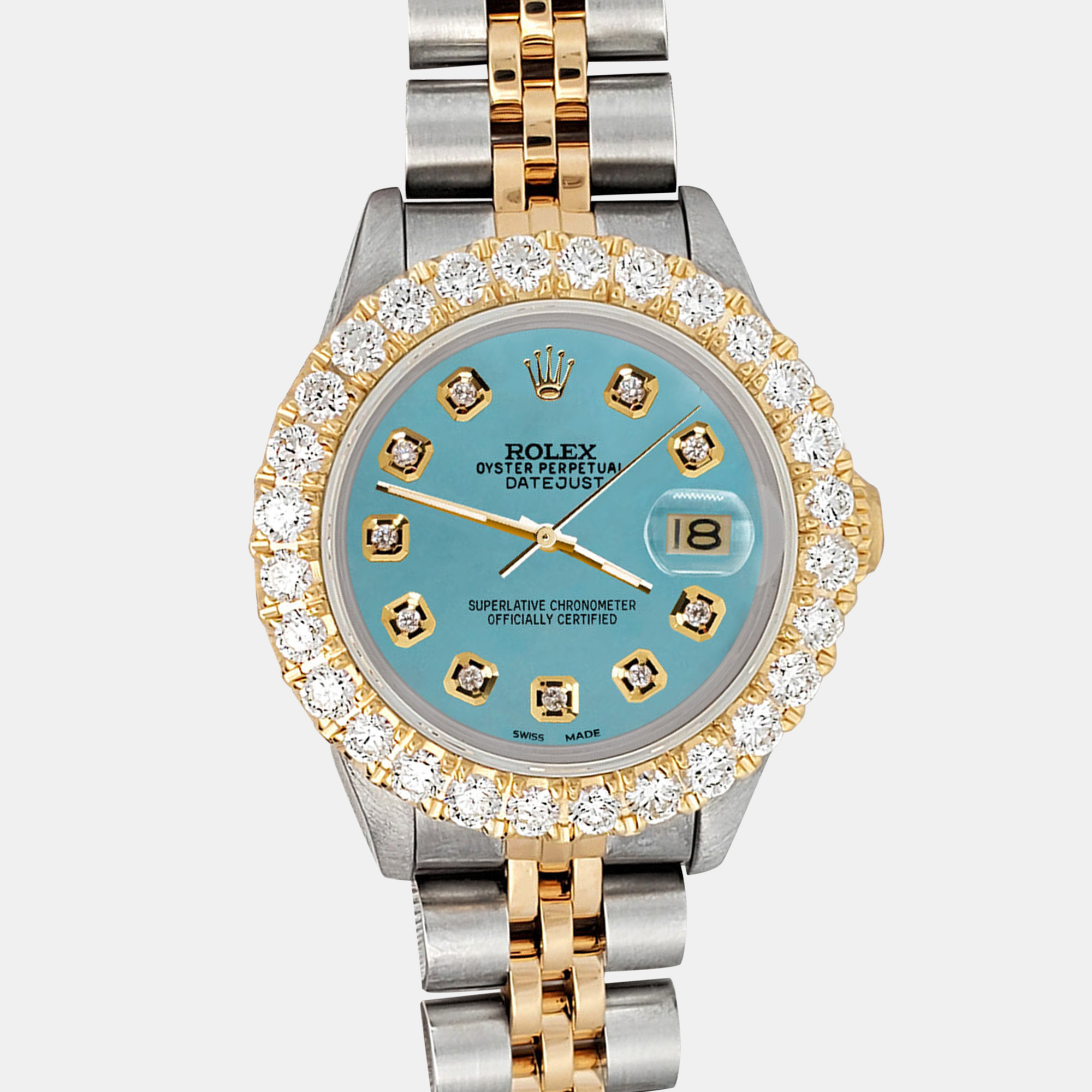 

Rolex Custom Turquoise 1.96ct Diamonds 18K Yellow Gold Stainless Steel Datejust Automatic Women's Wristwatch, Blue