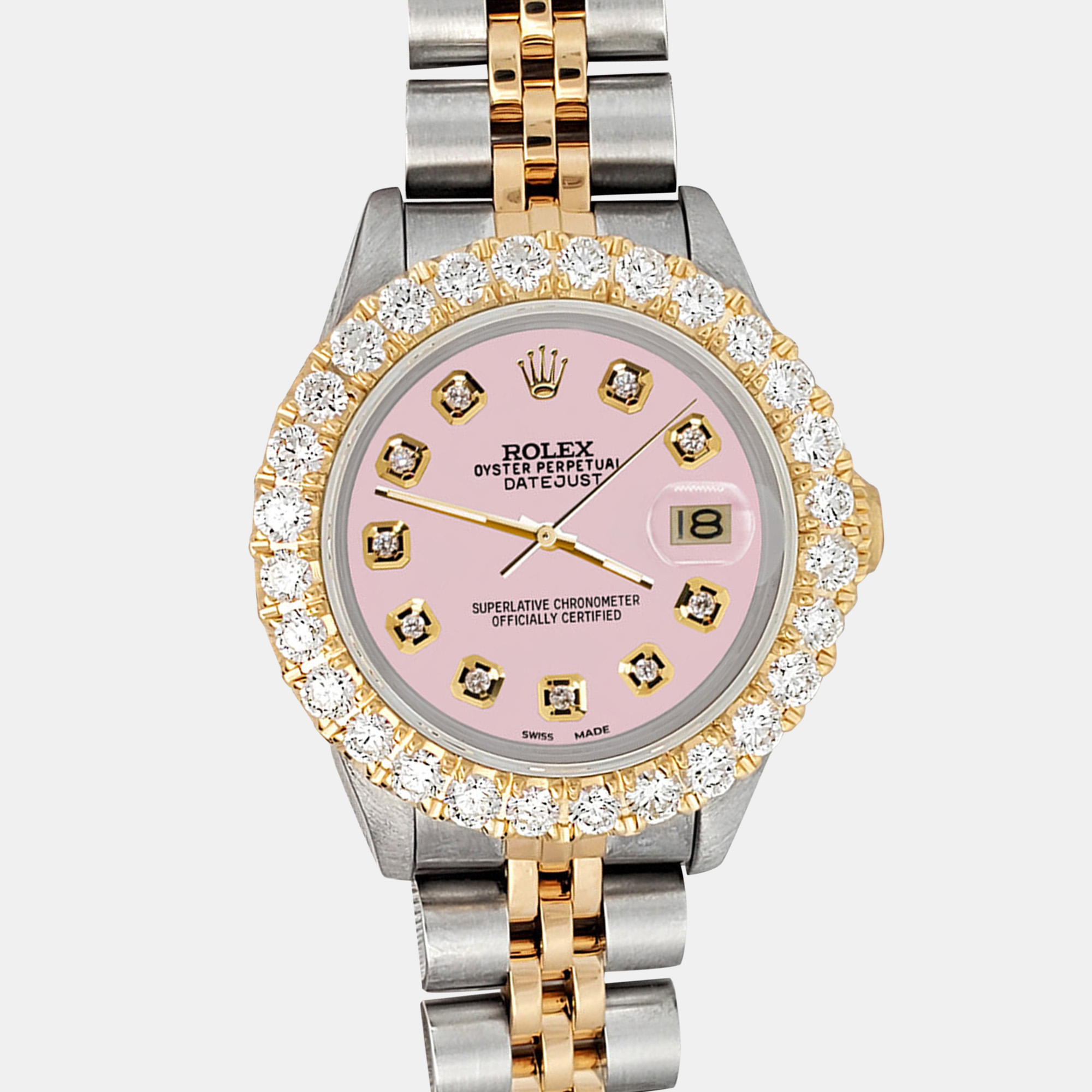 

Rolex Custom Ice Pink 1.96ct Diamonds 18K Yellow Gold Stainless Steel Datejust Automatic Women's Wristwatch