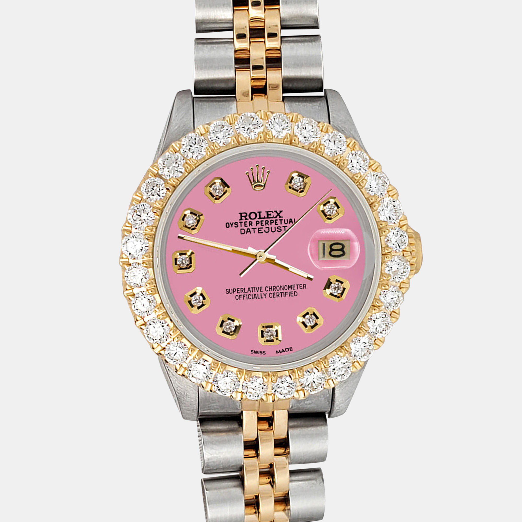 

Rolex Custom Hot Pink 1.96ct Diamonds 18K Yellow Gold Stainless Steel Datejust Automatic Women's Wristwatch