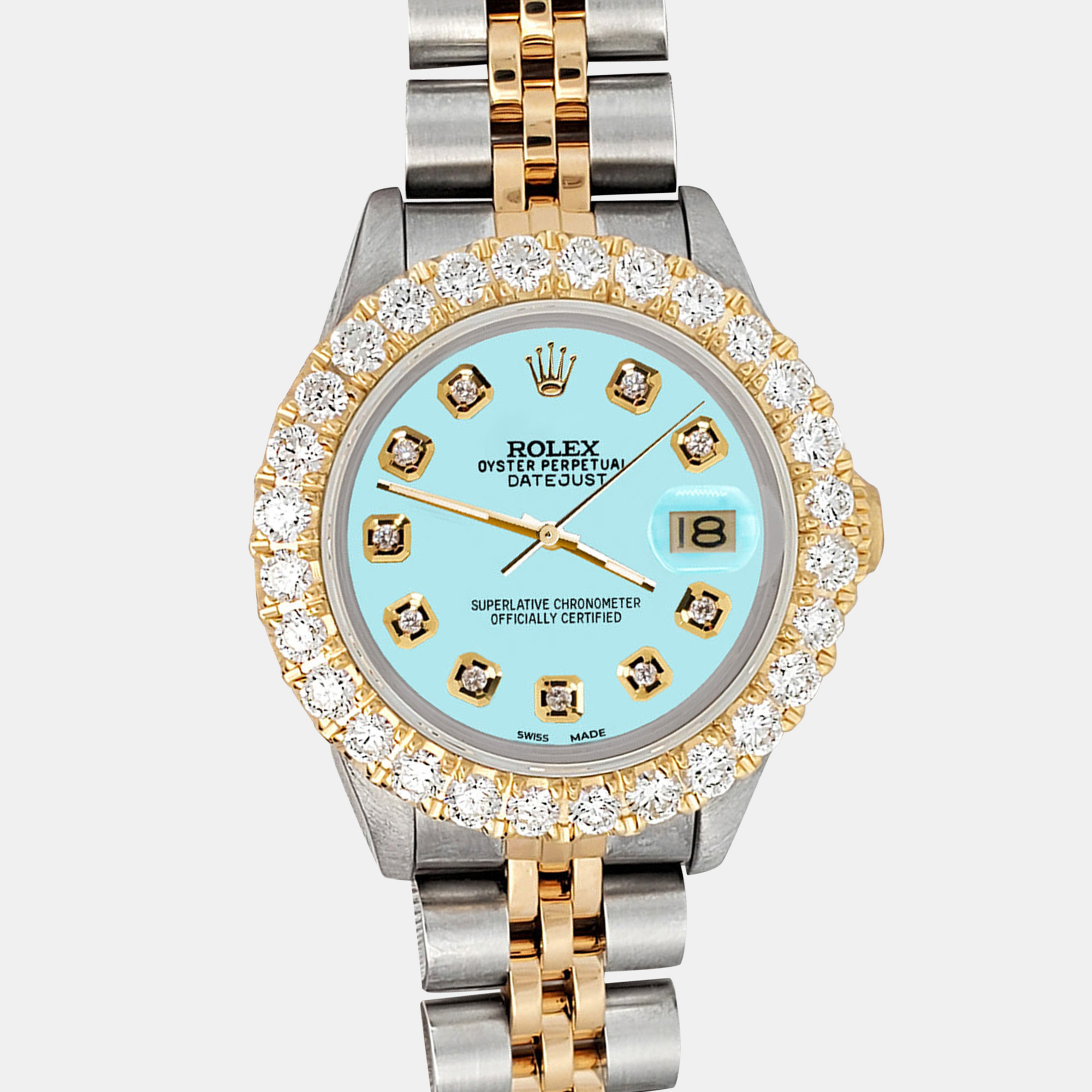 

Rolex Custom Aqua Blue 1.96ct Diamonds 18K Yellow Gold Stainless Steel Datejust Automatic Women's Wristwatch