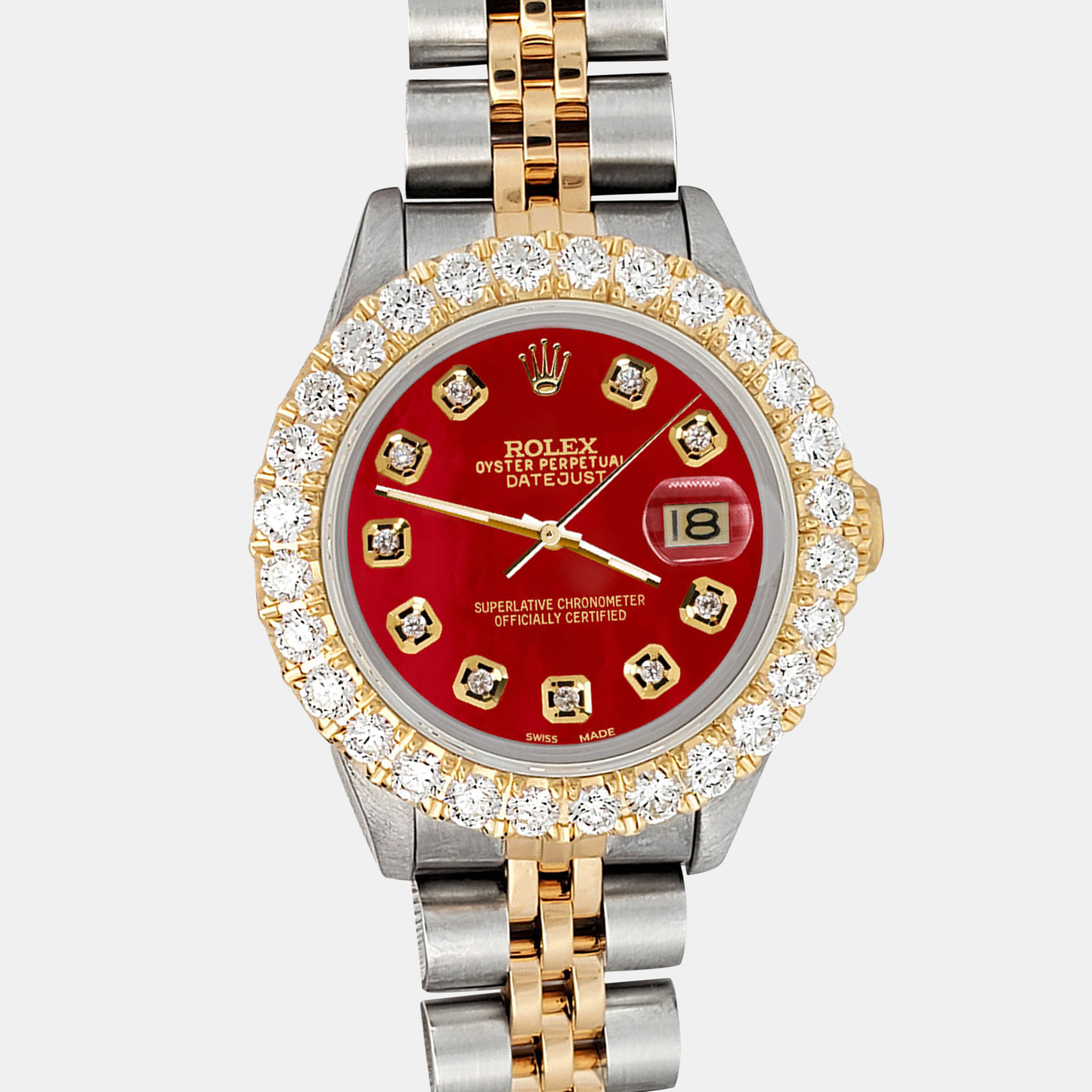 

Rolex Custom Red 1.96ct Diamonds 18K Yellow Gold Stainless Steel Datejust Automatic Women's Wristwatch