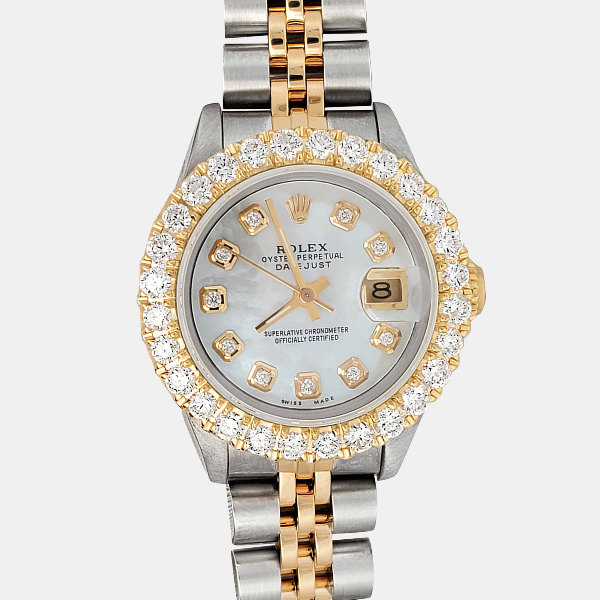 

Rolex Custom White 1.96ct Diamonds 18K Yellow Gold Stainless Steel President Datejust Automatic Women's Wristwatch