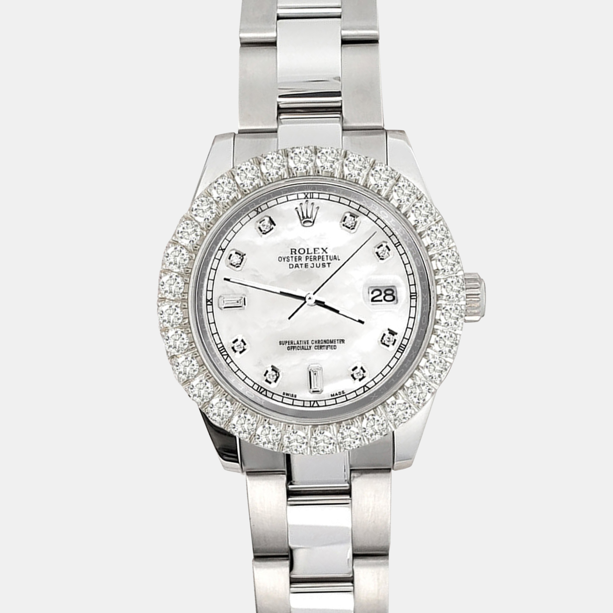 

Rolex 2.70ct diamond bezel white mop baguette dial stainless steel datejust 178240 Wristwatch