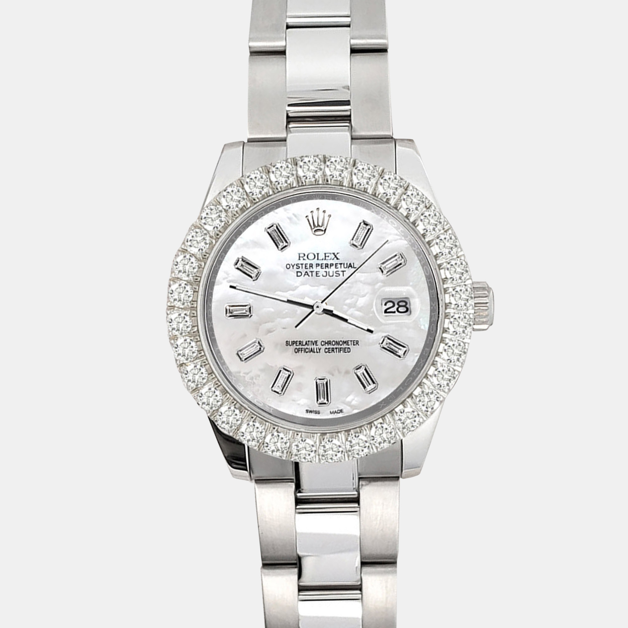 

Rolex 2.70ct diamond bezel white mop baguette dial stainless steel datejust 178240 Wristwatch