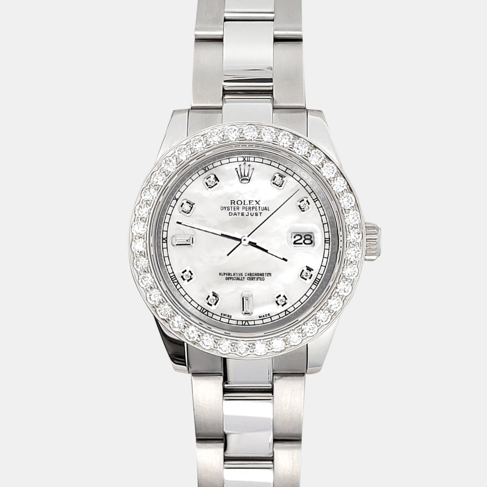 

Rolex 1.6ct diamond bezel white mop baguette dial stainless steel datejust 178240 Wristwatch