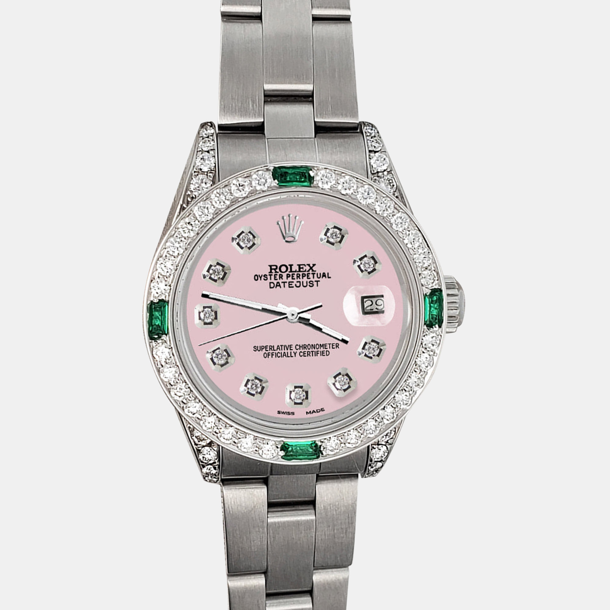 

Rolex Custom Ice Pink 1.2ct Diamonds Emeralda Stainless Steel Datejust Automatic Women's Wristwatch