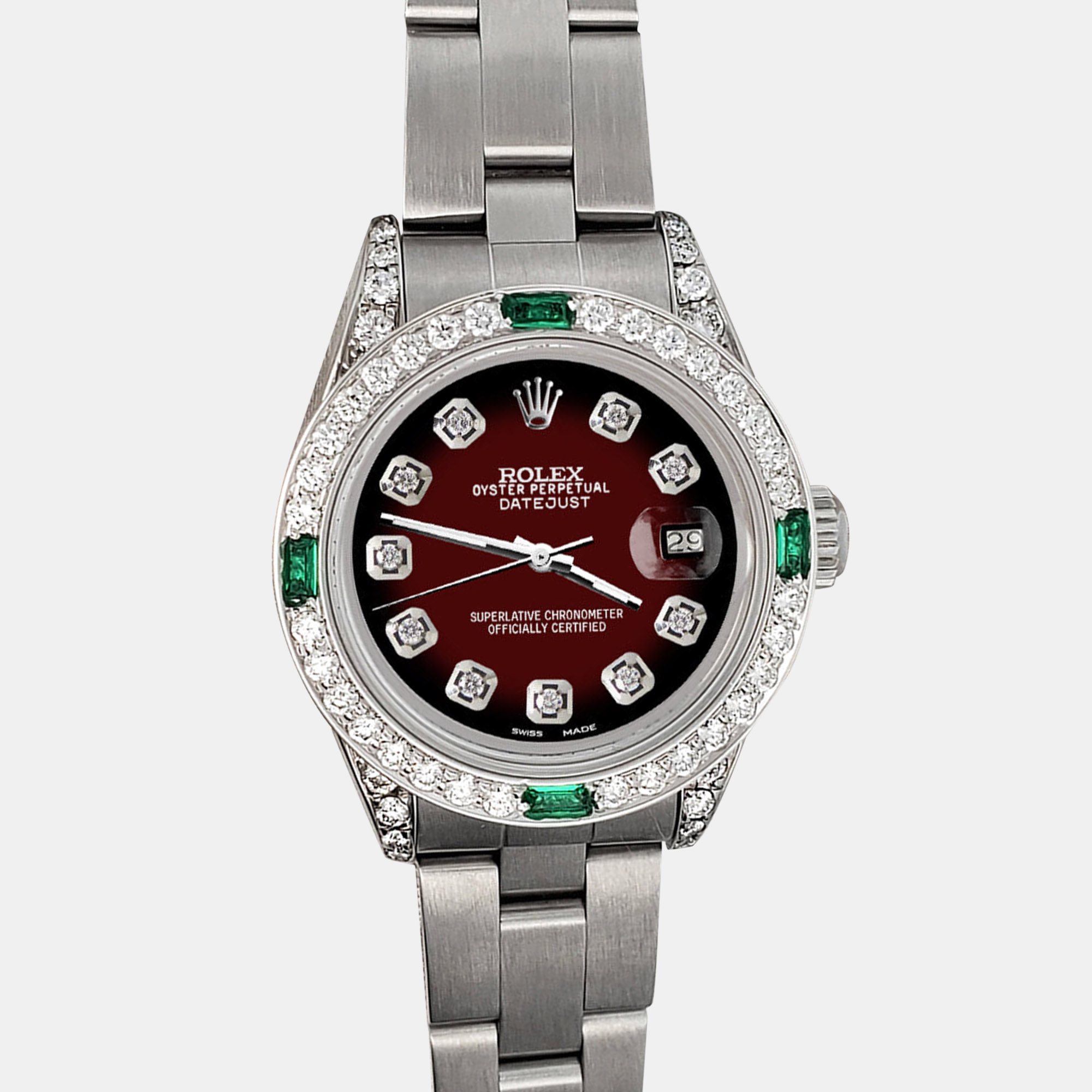 

Rolex 1.2ct diamond bezel maroon vignette diamond dial stainless steel oyster datejust Wristwatch, Red