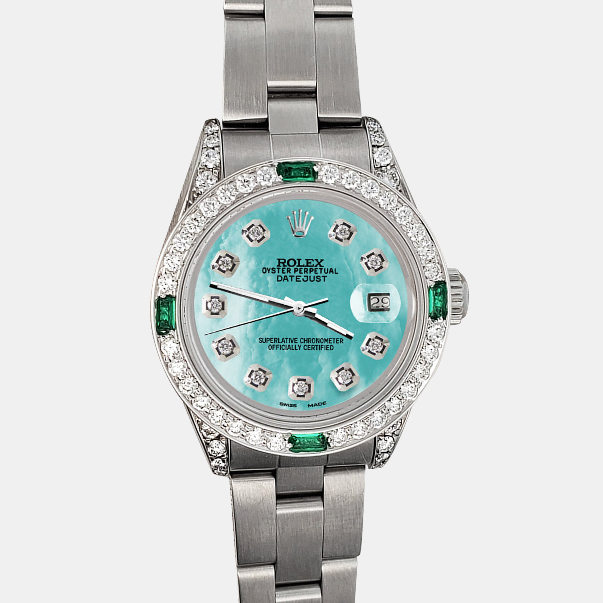 

Rolex 1.2ct diamond bezel aquamarine mop diamond dial stainless steel oyster datejust Wristwatch, Blue