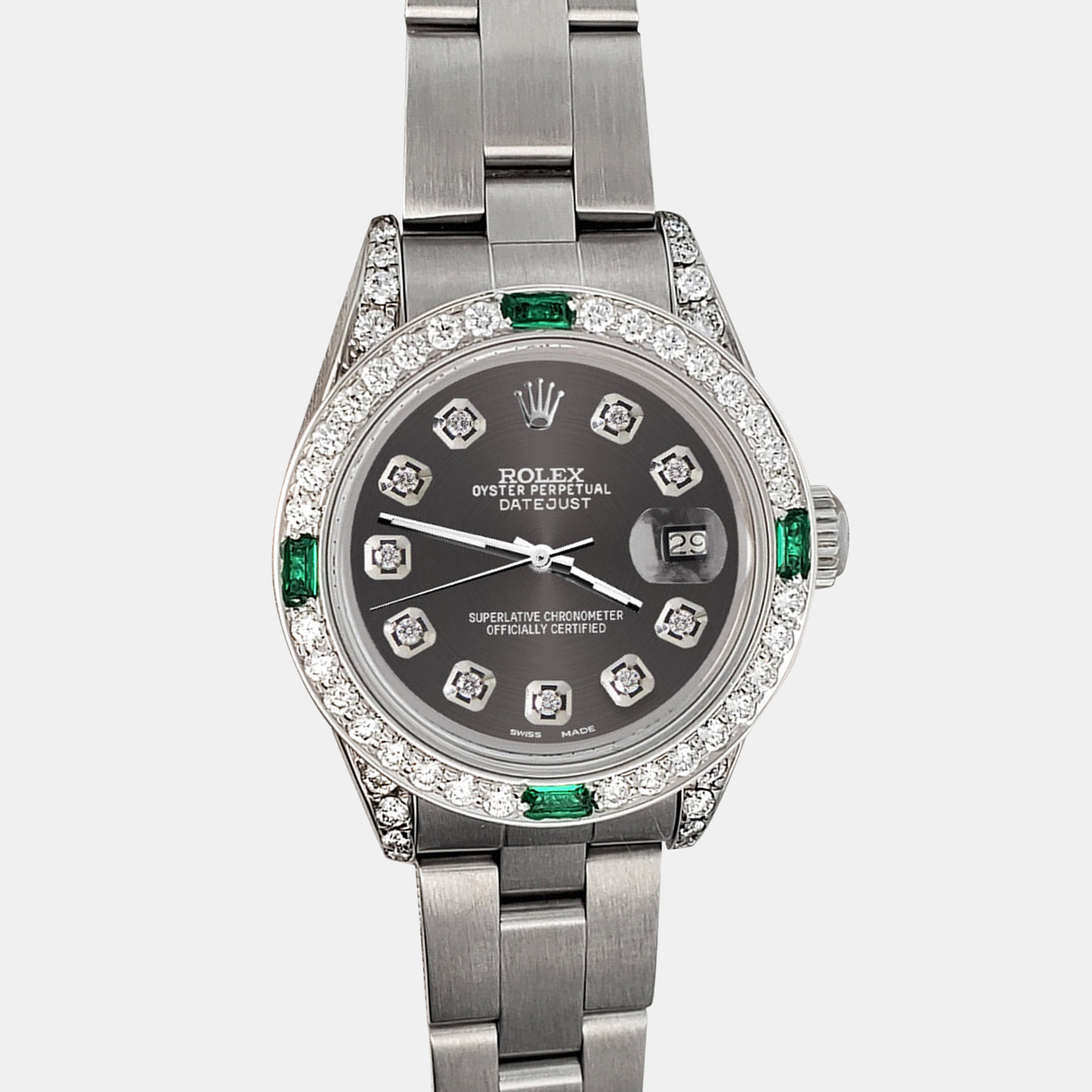 

Rolex Custom Rhodium Gray 1.2ct Diamonds Emeralda Stainless Steel Datejust Automatic Women's Wristwatch, Grey