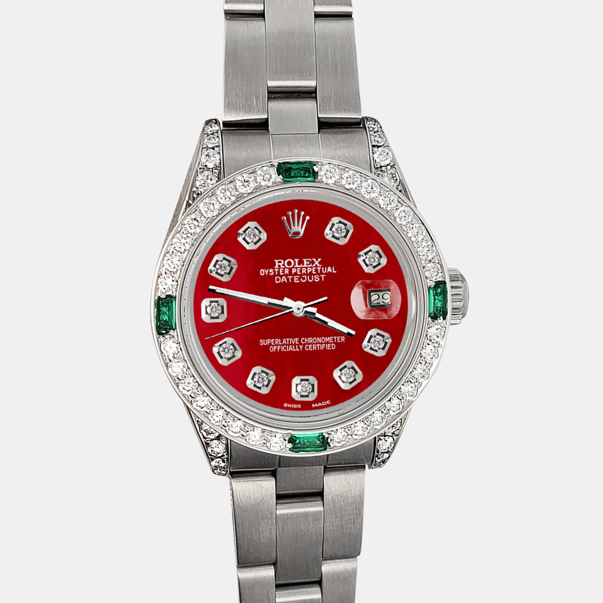 

Rolex Custom Red 1.2ct Diamonds Emeralda Stainless Steel Datejust Automatic Women's Wristwatch