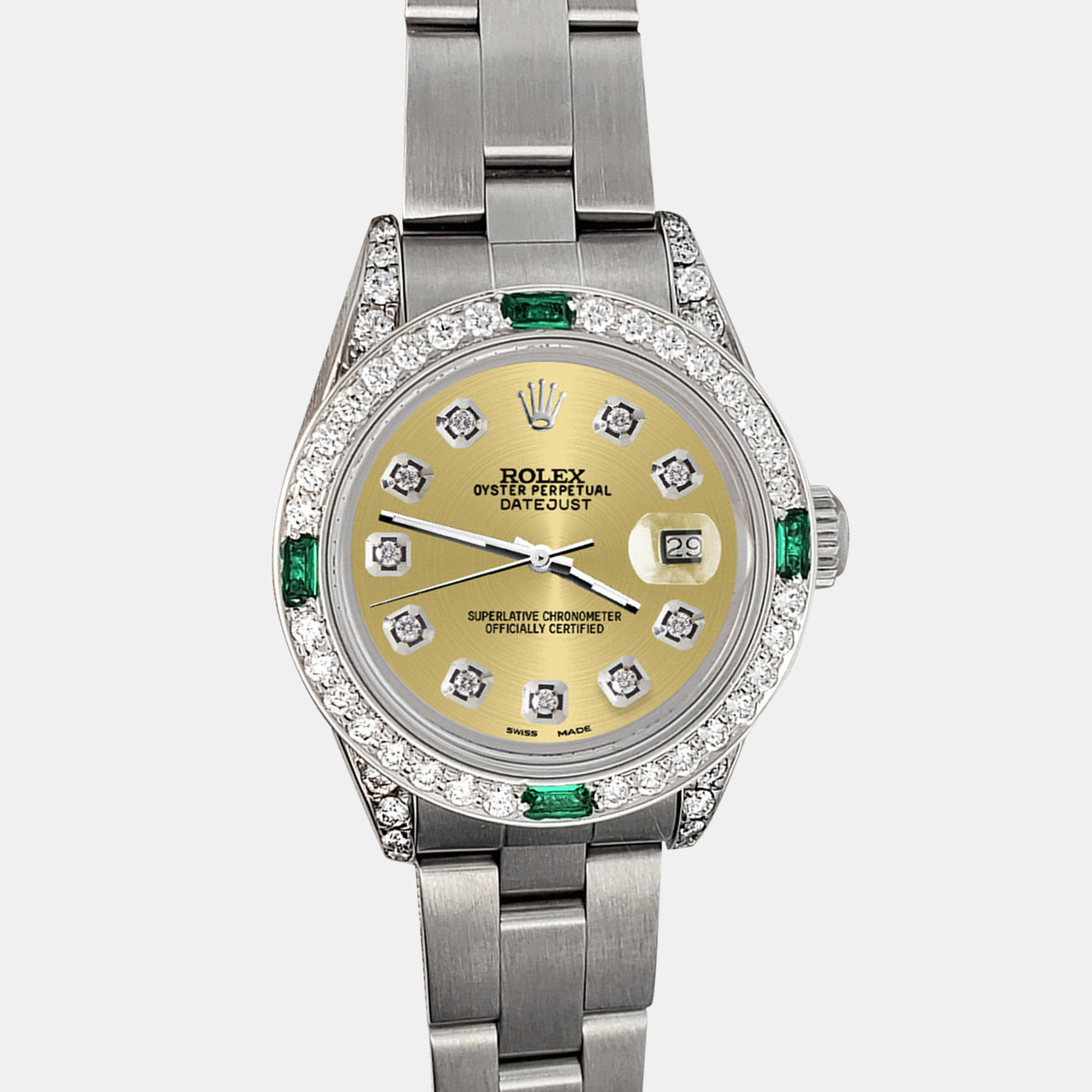 

Rolex Custom Champagne 1.2ct Diamonds Emeralda Stainless Steel Datejust Automatic Women's Wristwatch, Gold