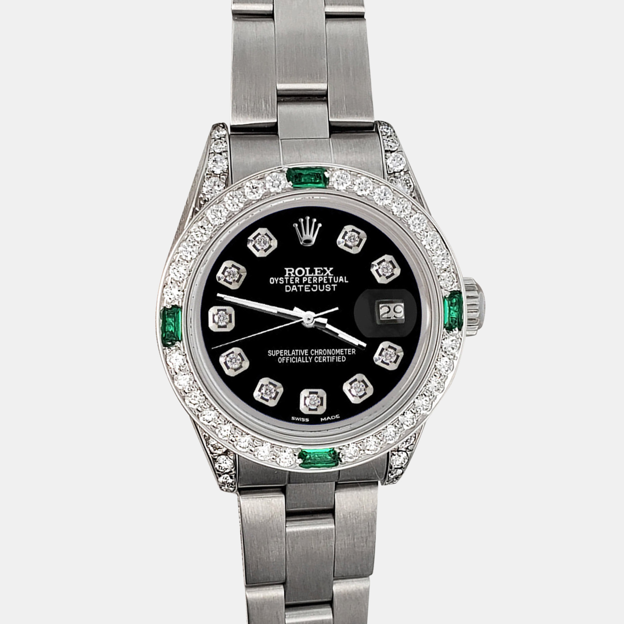 

Rolex Custom Black 1.2ct Diamonds Emeralda Stainless Steel Datejust Automatic Women's Wristwatch