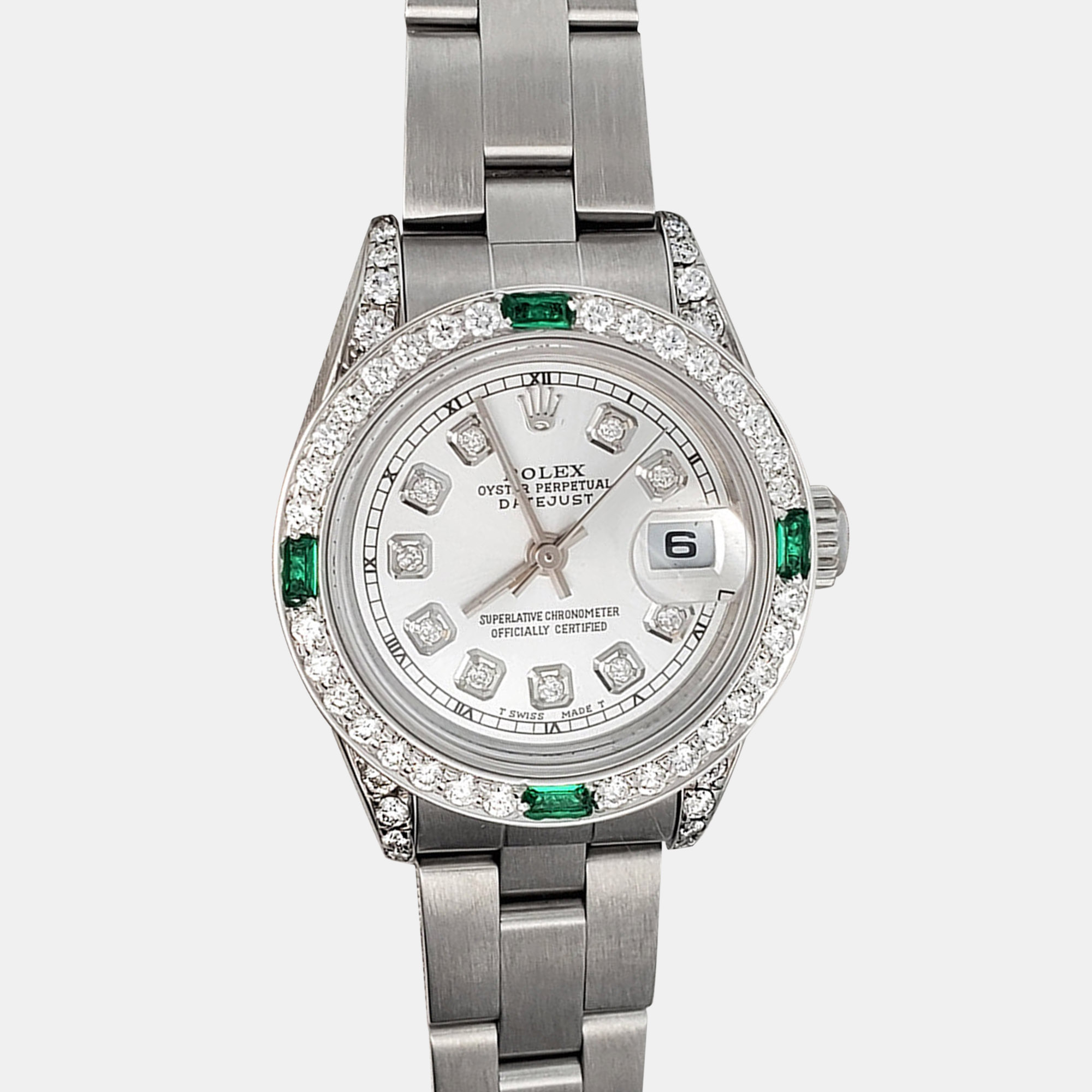 

Rolex Custom Silver 1.2ct Diamonds Emeralda Stainless Steel Datejust Automatic Women's Wristwatch