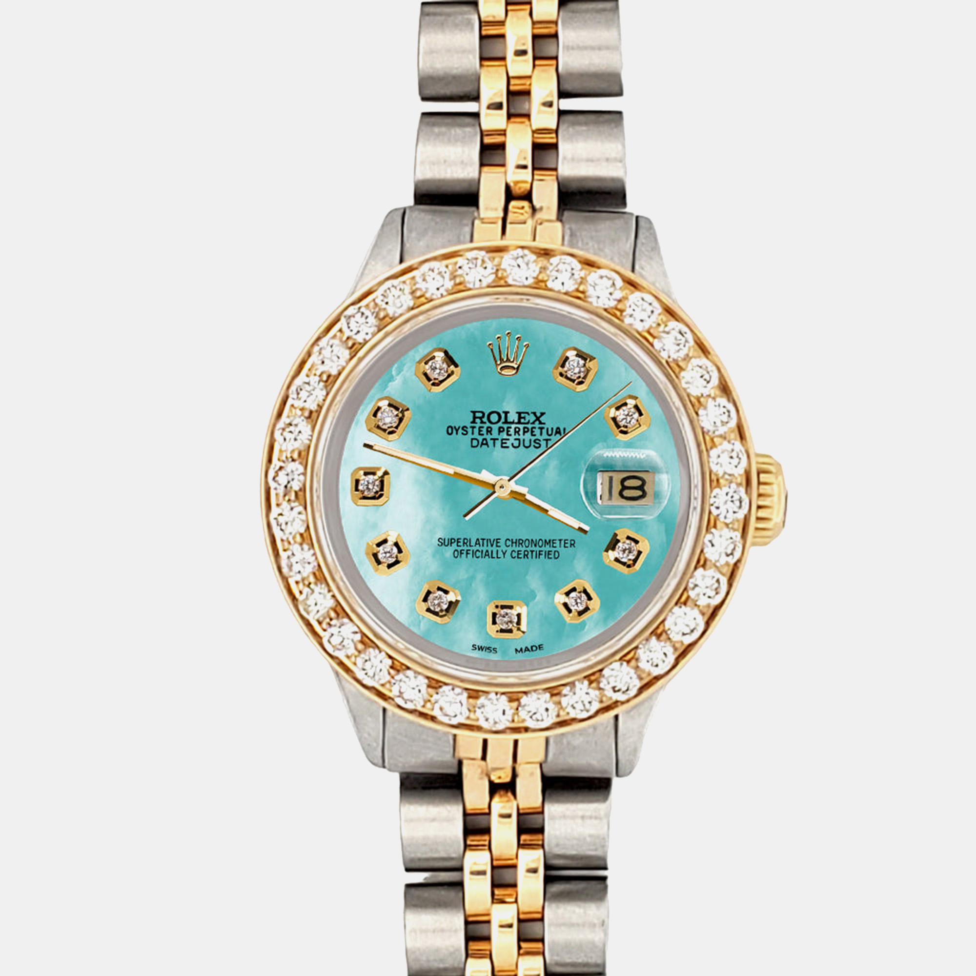 

Rolex Custom Aquamarine 1.3ct Diamonds 18K Yellow Gold Stainless Steel Datejust Automatic Women's Wristwatch, Blue