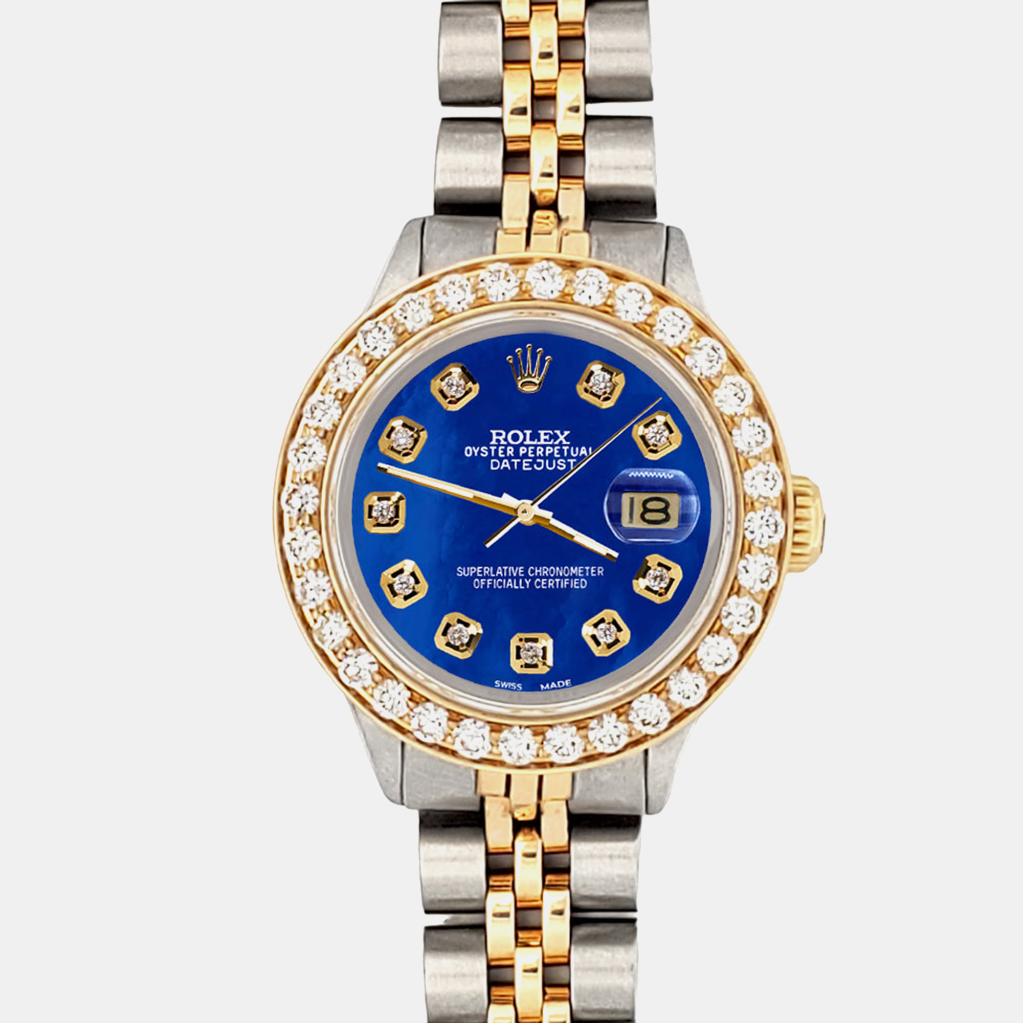 

Rolex Custom Royal Blue 1.3ct Diamonds 18K Yellow Gold Stainless Steel Datejust Automatic Women's Wristwatch