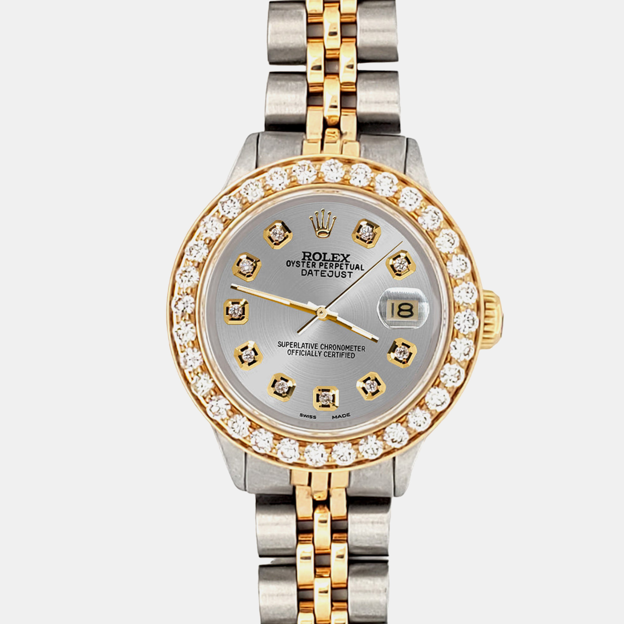 

Rolex Custom Silver 1.3ct Diamonds 18K Yellow Gold Stainless Steel Datejust Automatic Women's Wristwatch