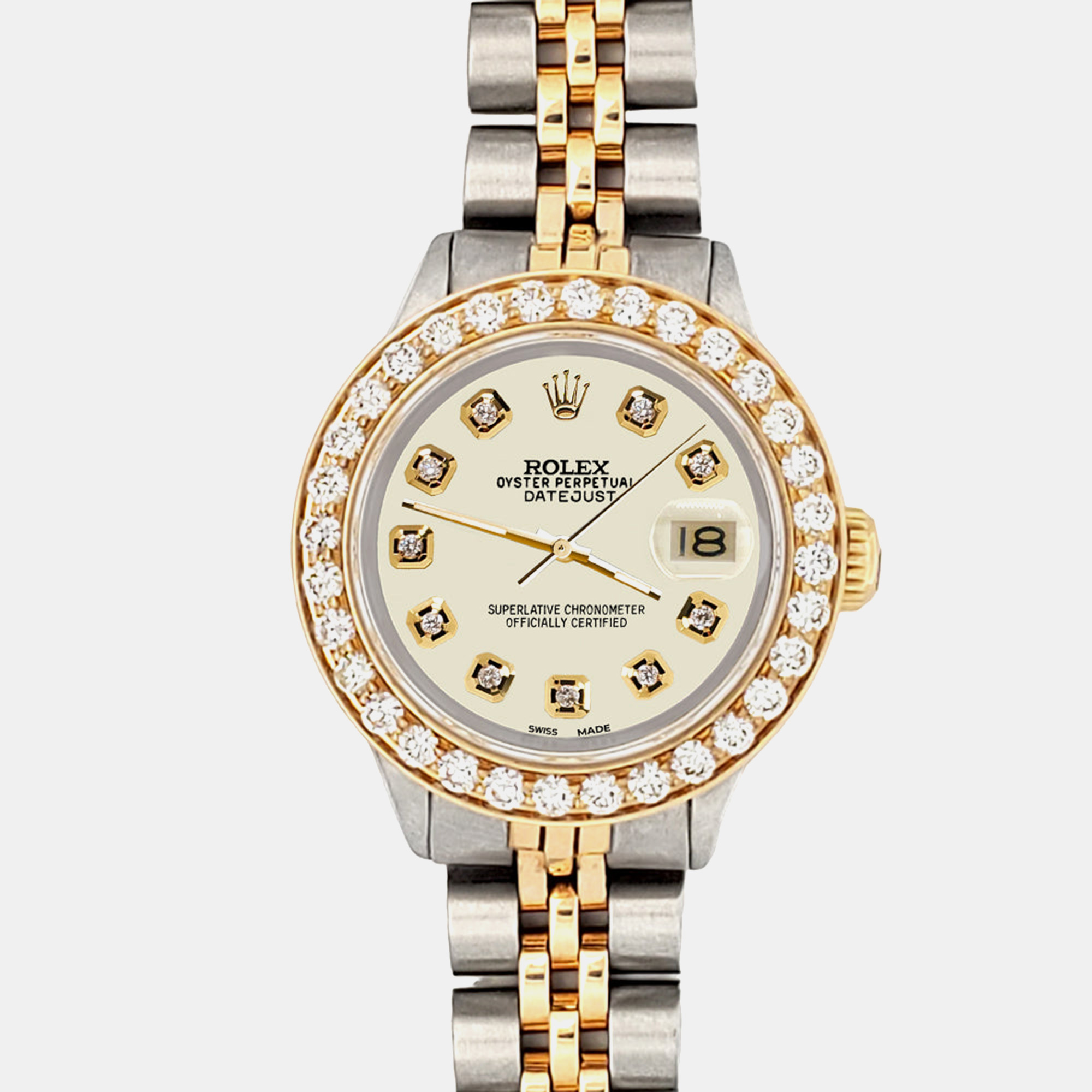 

Rolex Custom Satin Linen 1.3ct Diamonds 18K Yellow Gold Stainless Steel Datejust Automatic Women's Wristwatch, Beige