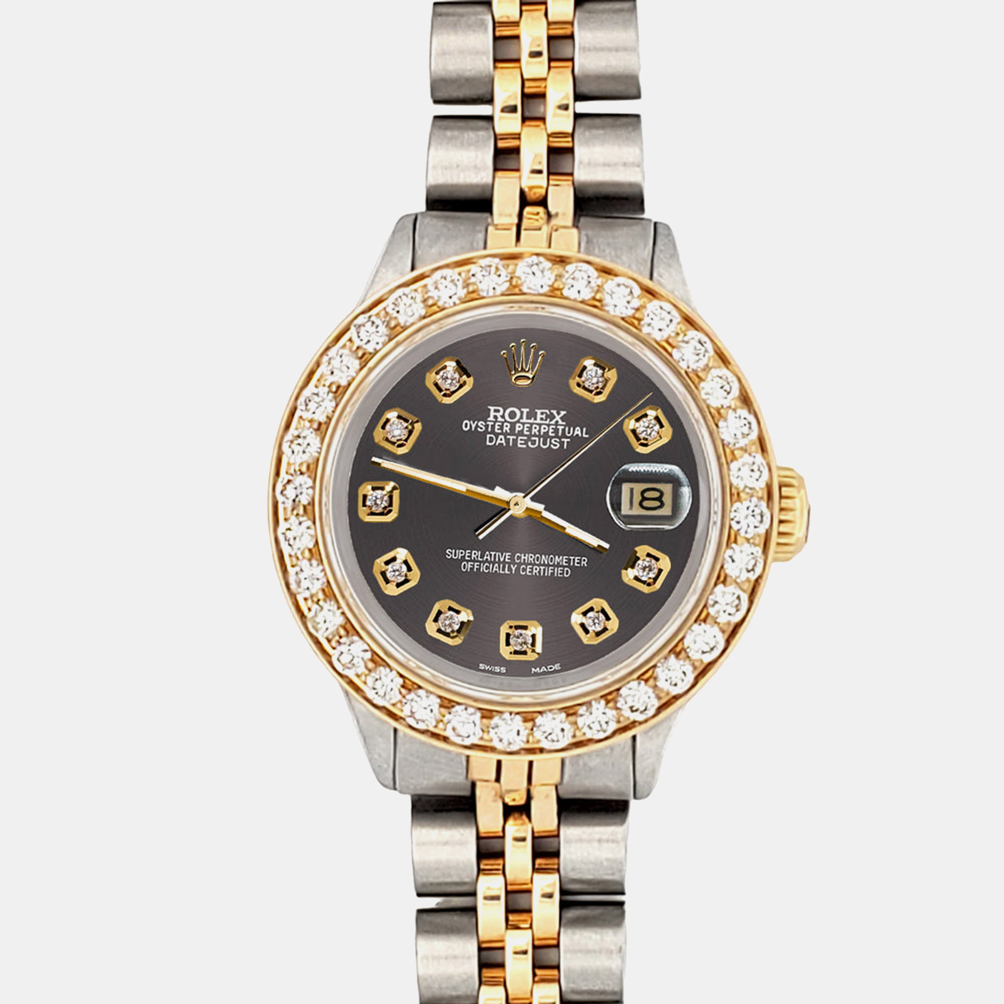 

Rolex Custom Rhodium Gray 1.3ct Diamonds 18K Yellow Gold Stainless Steel Datejust Automatic Women's Wristwatch, Grey