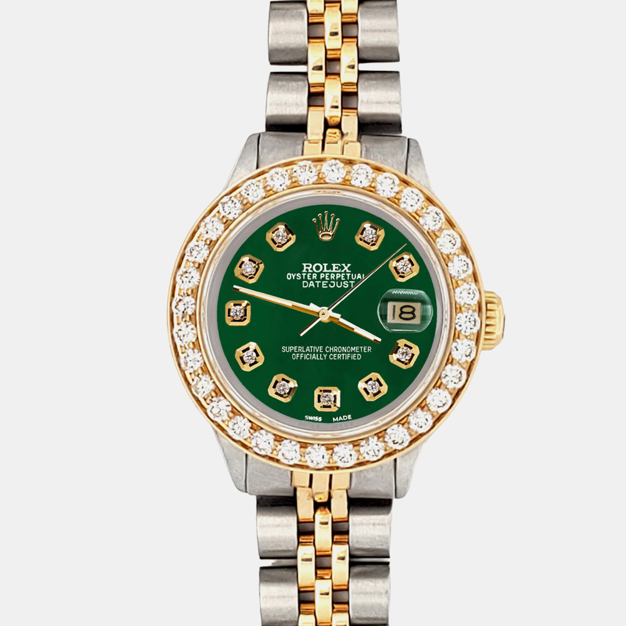 

Rolex Custom Forest Green 1.3ct Diamonds 18K Yellow Gold Stainless Steel Datejust Automatic Women's Wristwatch