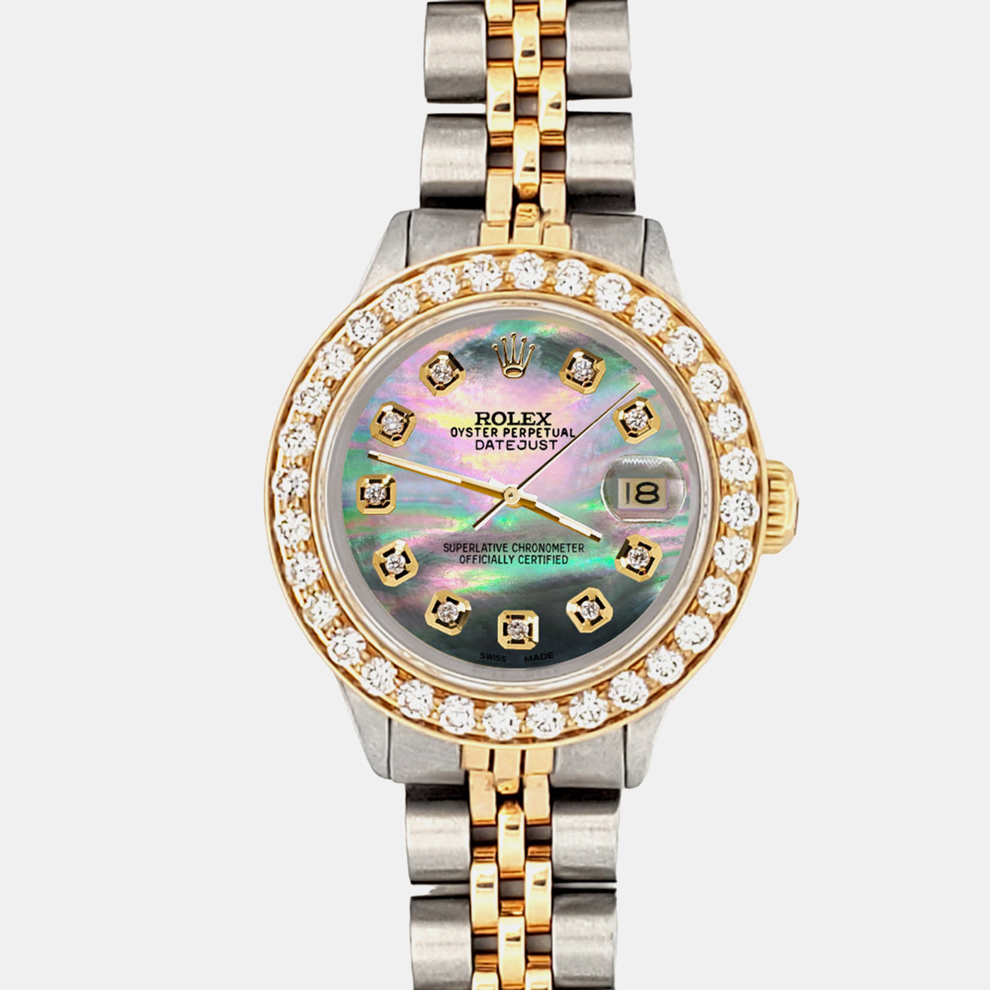 

Rolex Custom Tahitian 1.3ct Diamonds 18K Yellow Gold Stainless Steel Datejust Automatic Women's Wristwatch, Multicolor