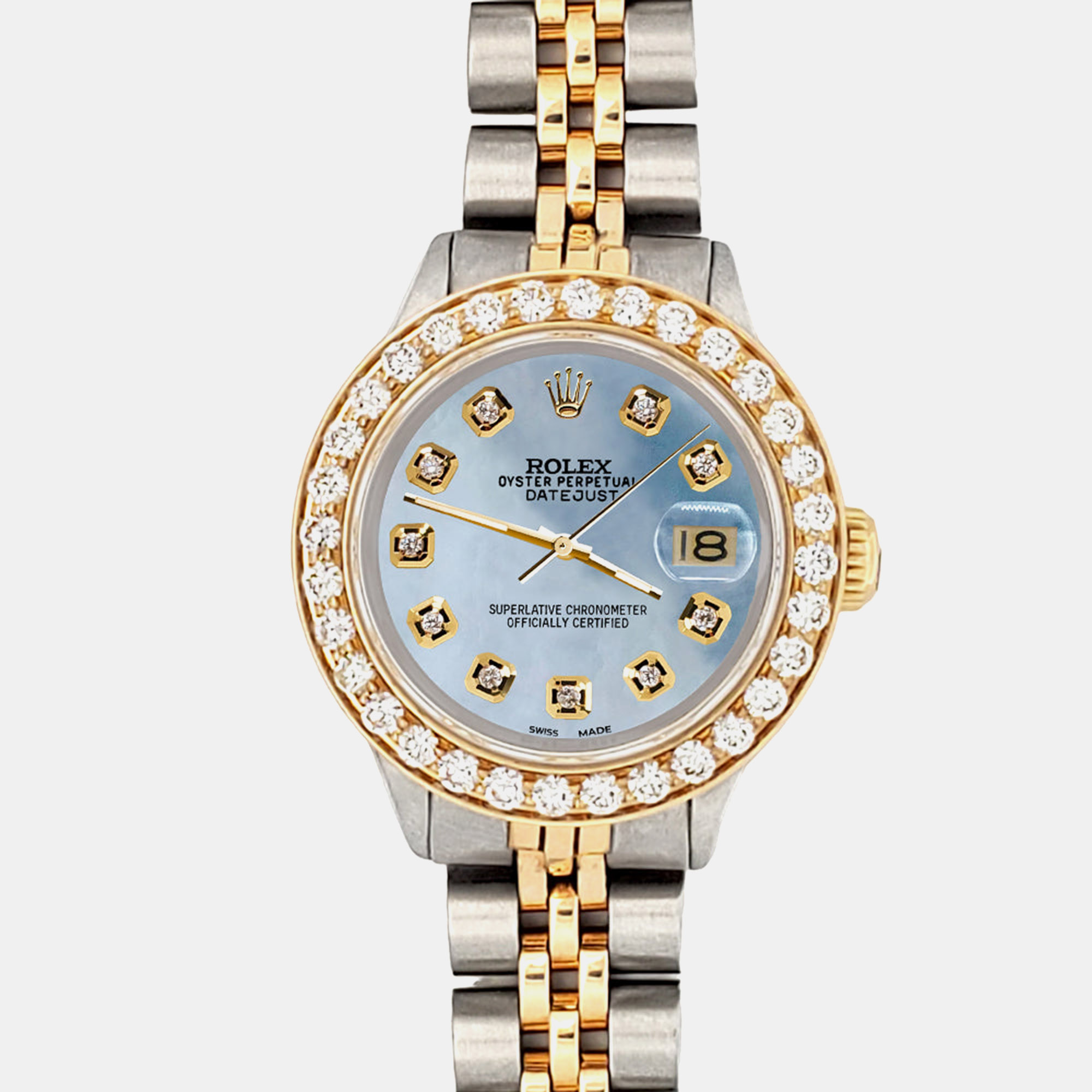 

Rolex Custom Sky Blue 1.3ct Diamonds 18K Yellow Gold Stainless Steel Datejust Automatic Women's Wristwatch