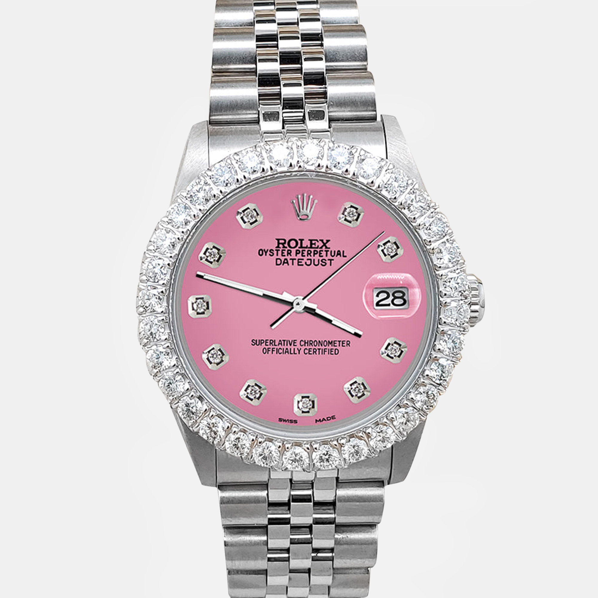 

Rolex datejust midsize  2.25ct diamond bezel hot pink dial steel jubilee Wristwatch