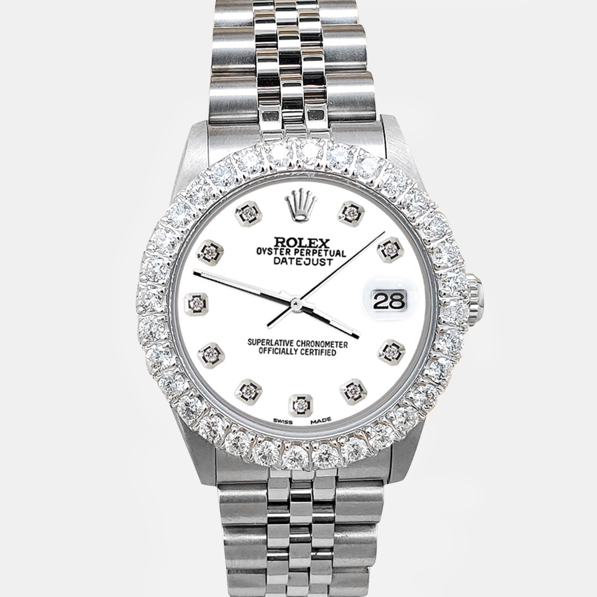 

Rolex datejust midsize  2.25ct diamond bezel white dial steel jubilee Wristwatch