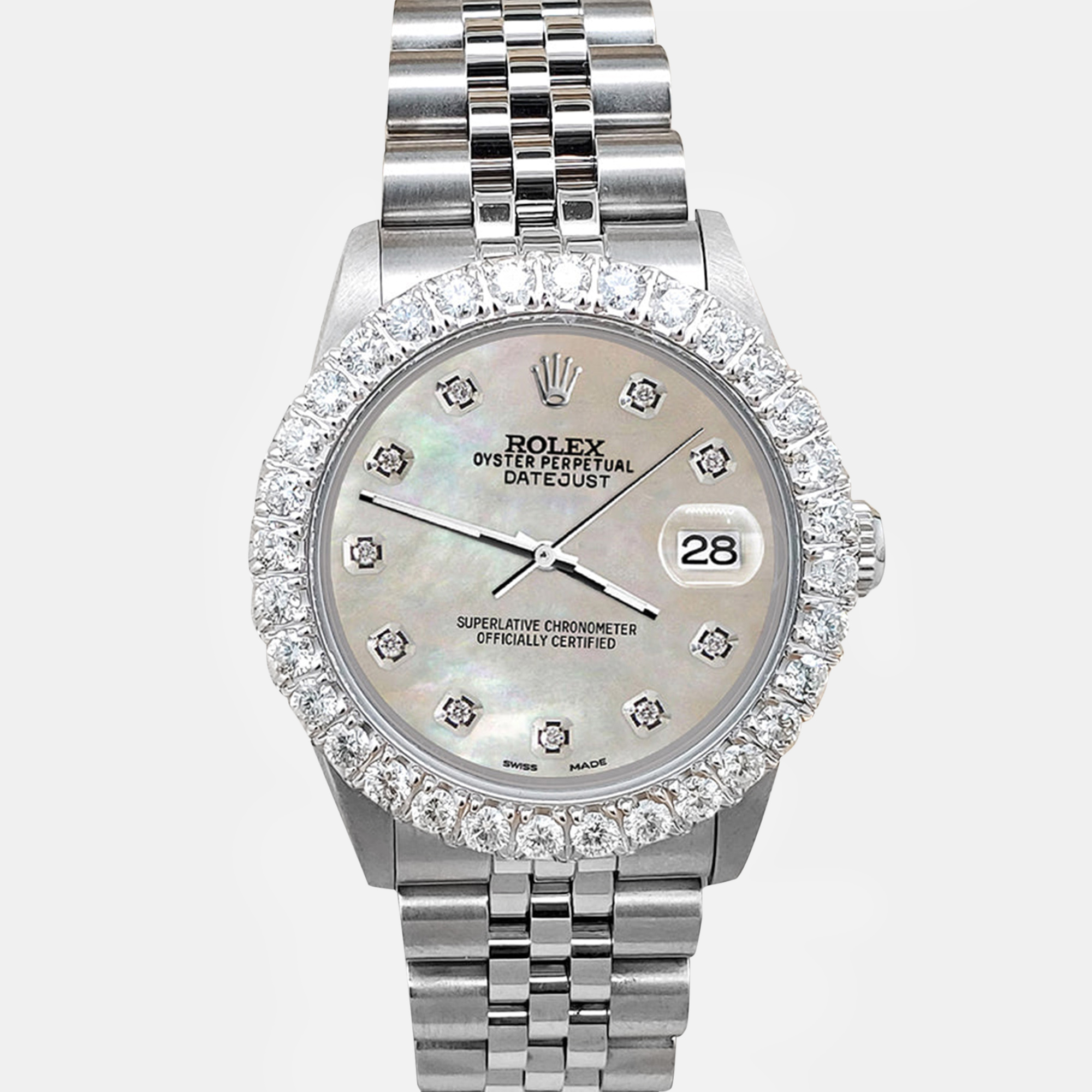 

Rolex datejust midsize  2.25ct diamond bezel champagne mop dial steel jubilee Wristwatch, Silver