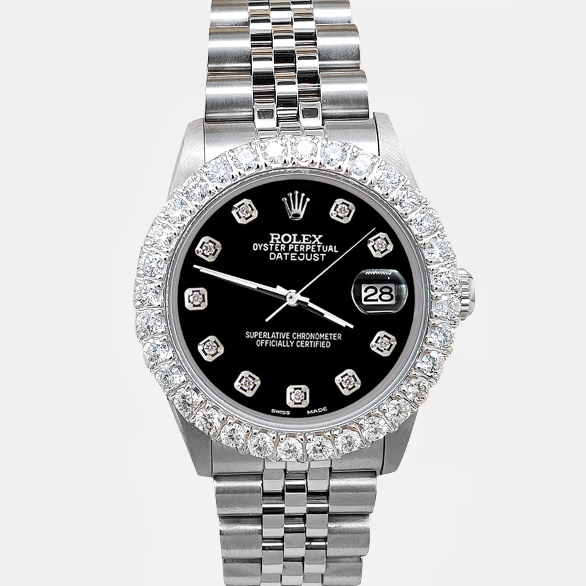 

Rolex datejust midsize  2.25ct diamond bezel black dial steel jubilee Wristwatch