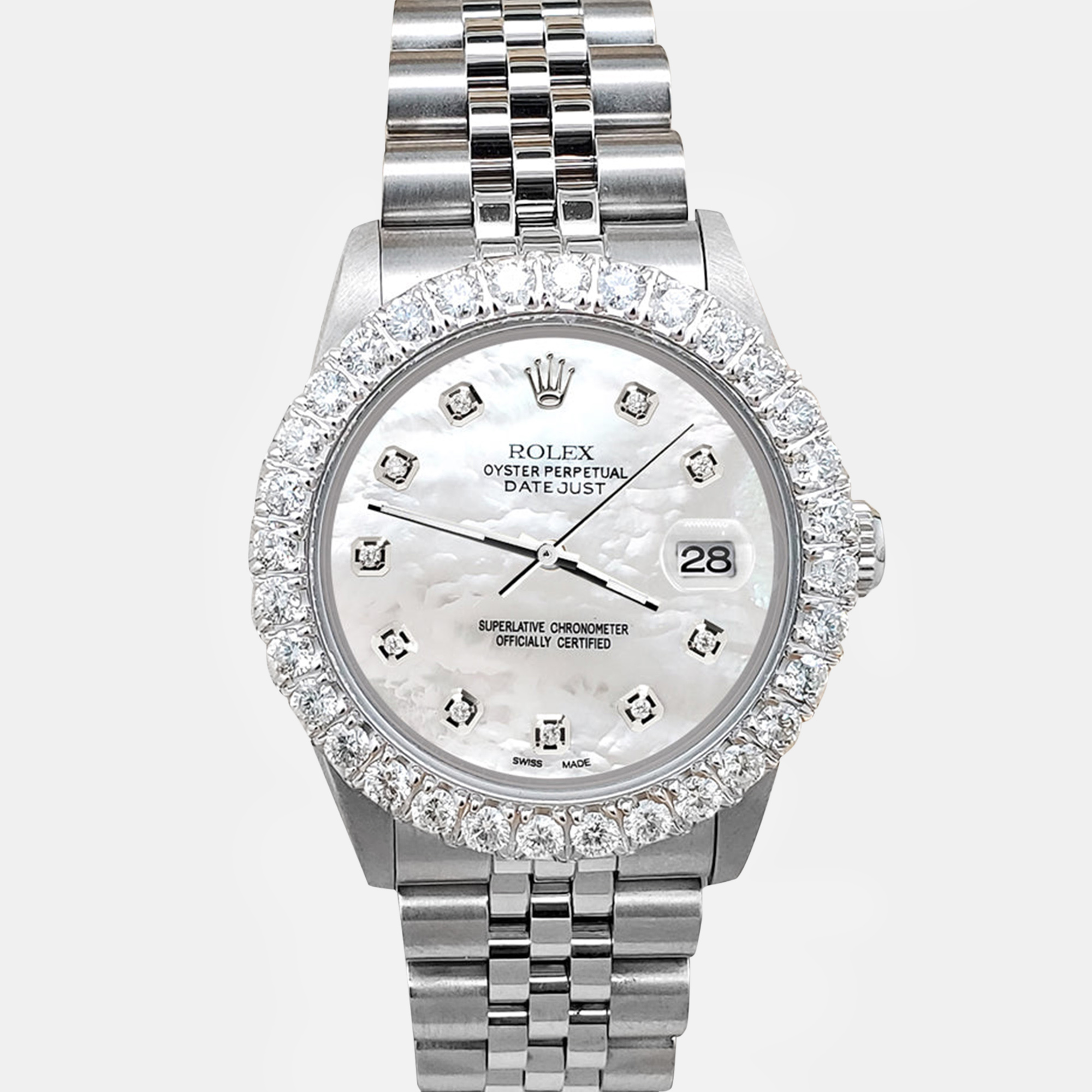 

Rolex datejust midsize  2.25ct diamond bezel white mop dial steel jubilee Wristwatch