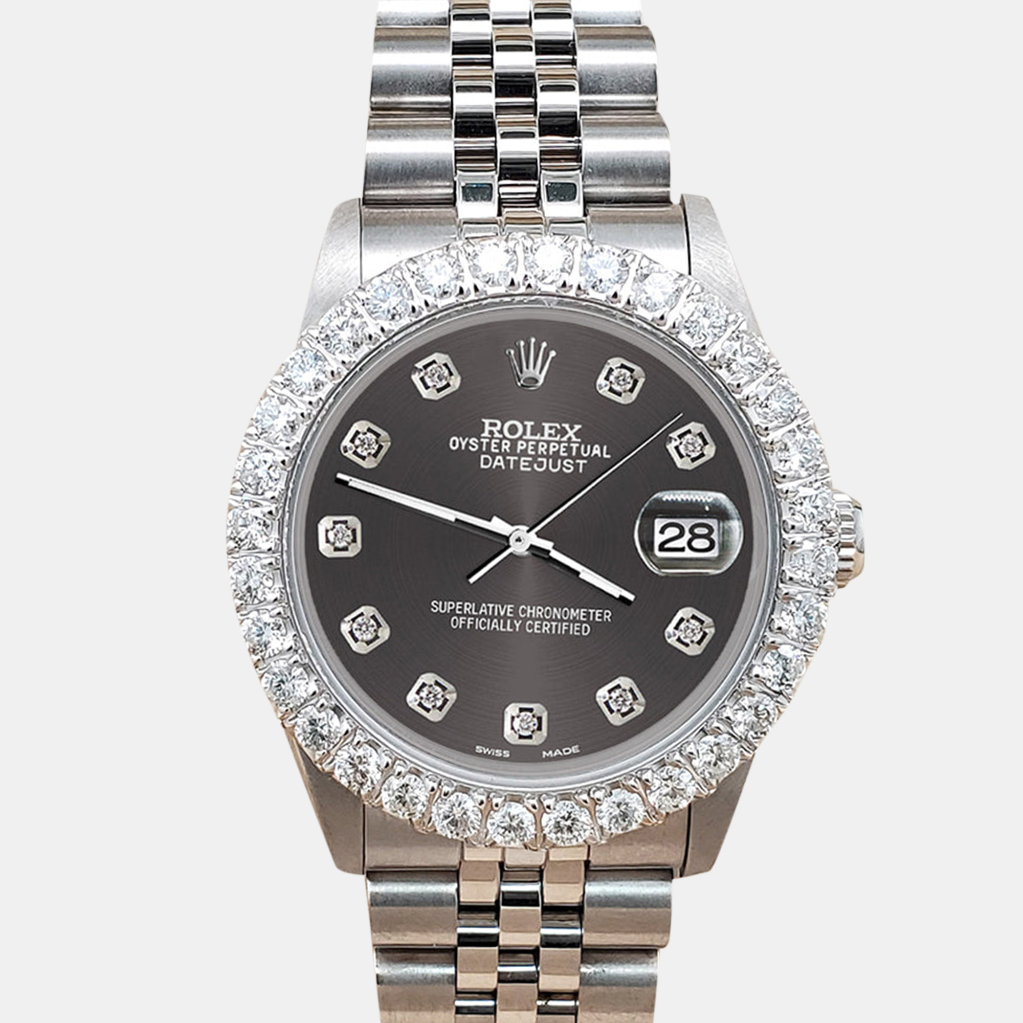 

Rolex datejust midsize  2.25ct diamond bezel rhodium gray dial steel jubilee Wristwatch, Grey