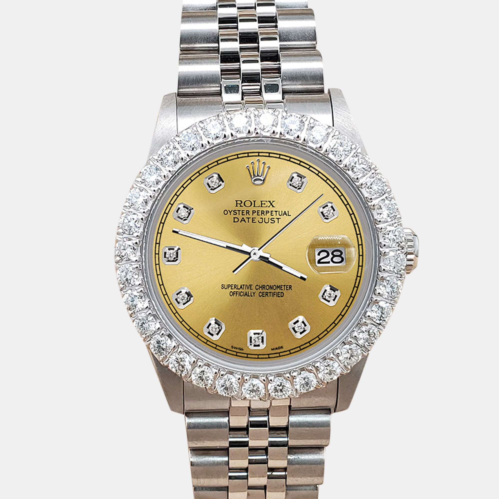 

Rolex datejust midsize  2.25ct diamond bezel champagne dial steel jubilee Wristwatch, Gold