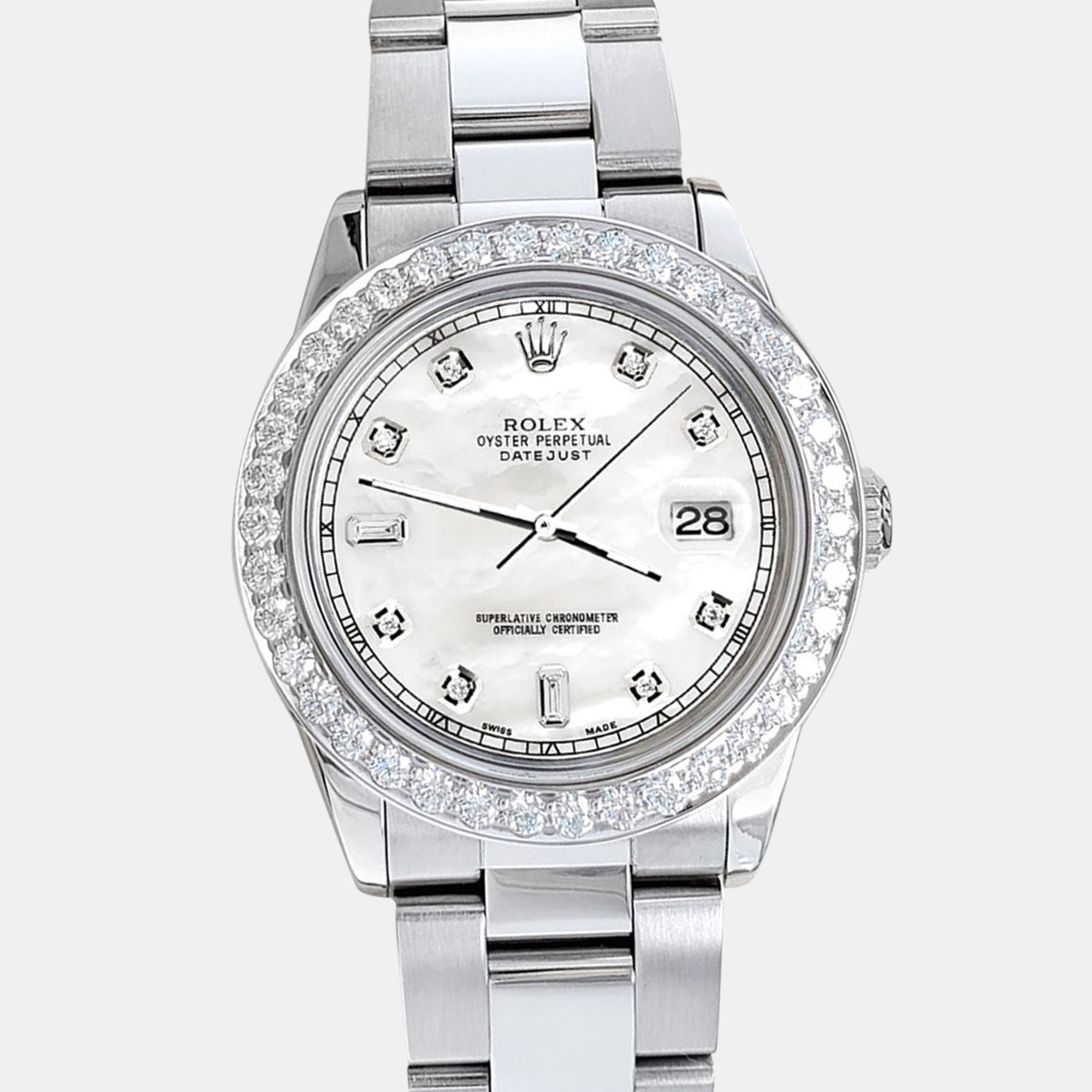 

Rolex datejust midsize  1.52ct bezel white mop baguette diamond dial steel oyster Wristwatch, Silver