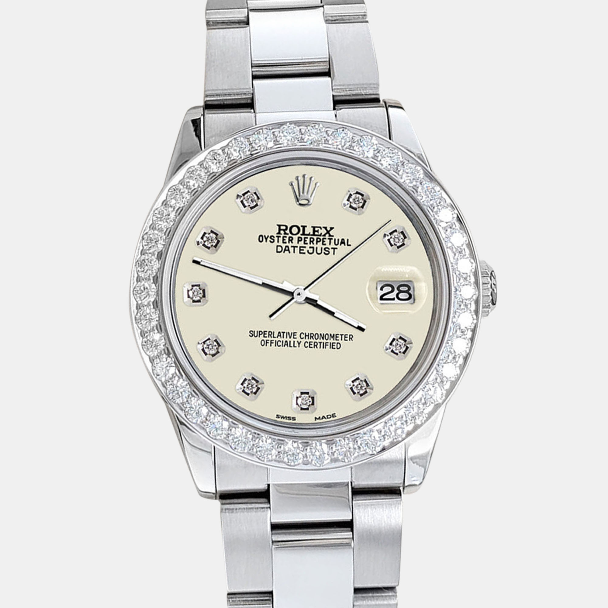 

Rolex datejust midsize  1.52ct bezel satin linen diamond dial steel oyster Wristwatch, Silver