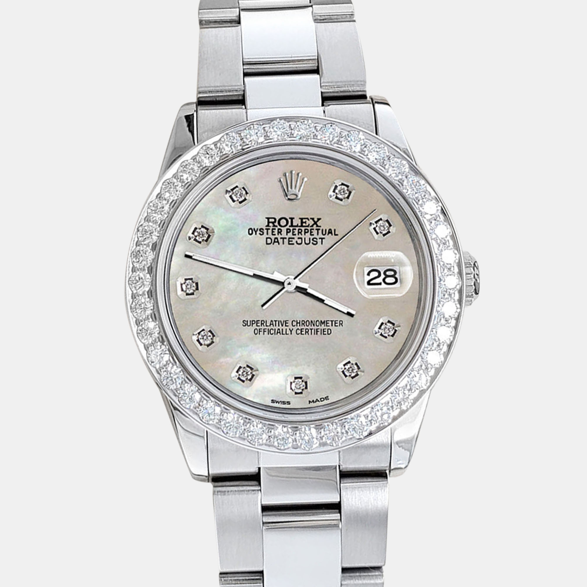 

Rolex datejust midsize  1.52ct bezel champagne mop diamond dial steel oyster Wristwatch, Silver