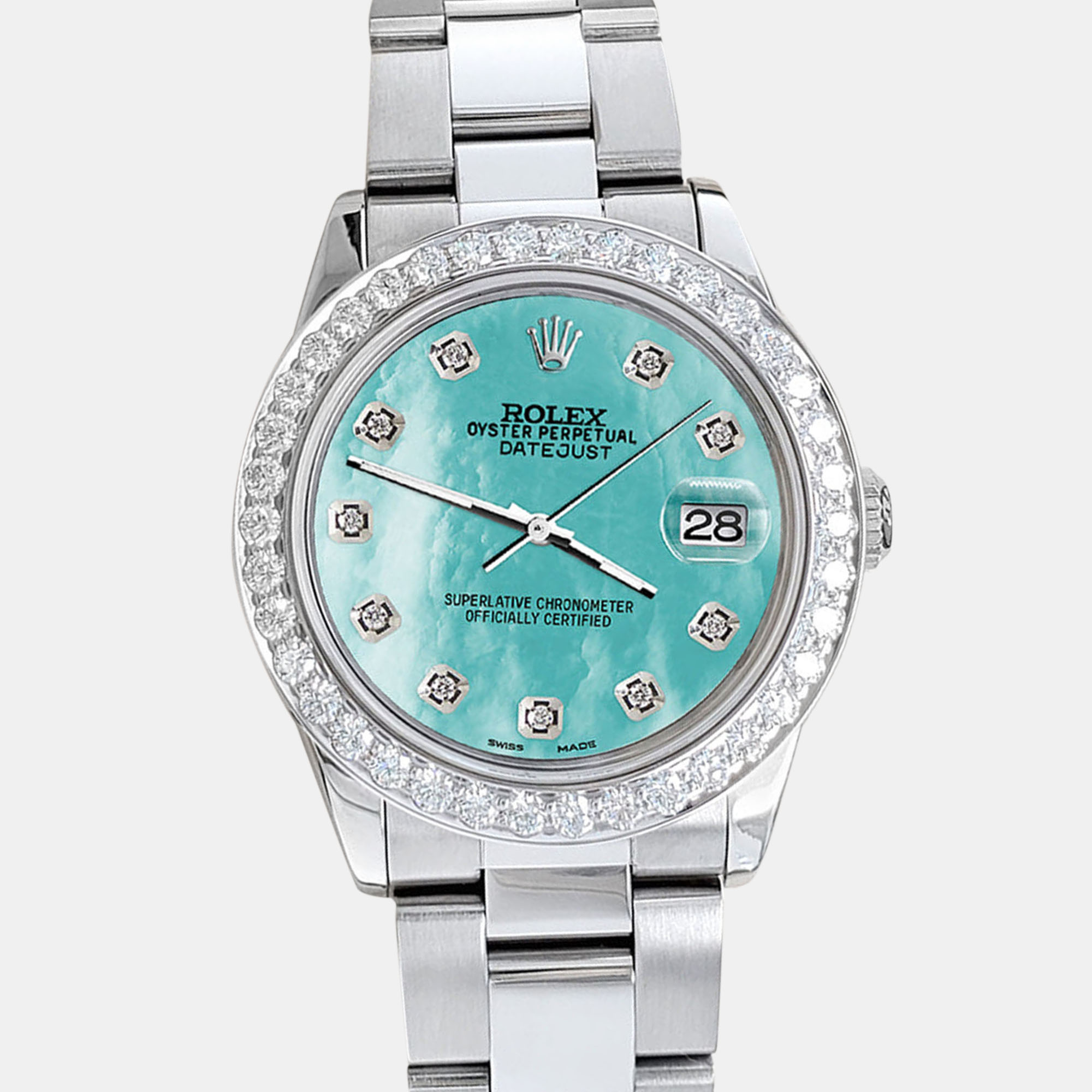 

Rolex datejust midsize  1.52ct bezel aquamarine blue diamond dial steel oyster Wristwatch