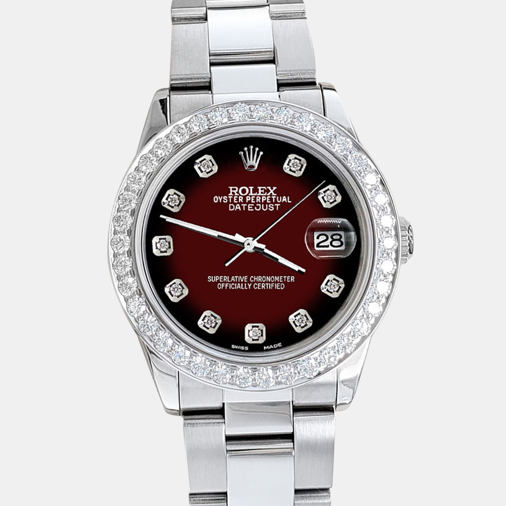 

Rolex datejust midsize  1.52ct bezel maroon vignette diamond dial steel oyster Wristwatch, Red