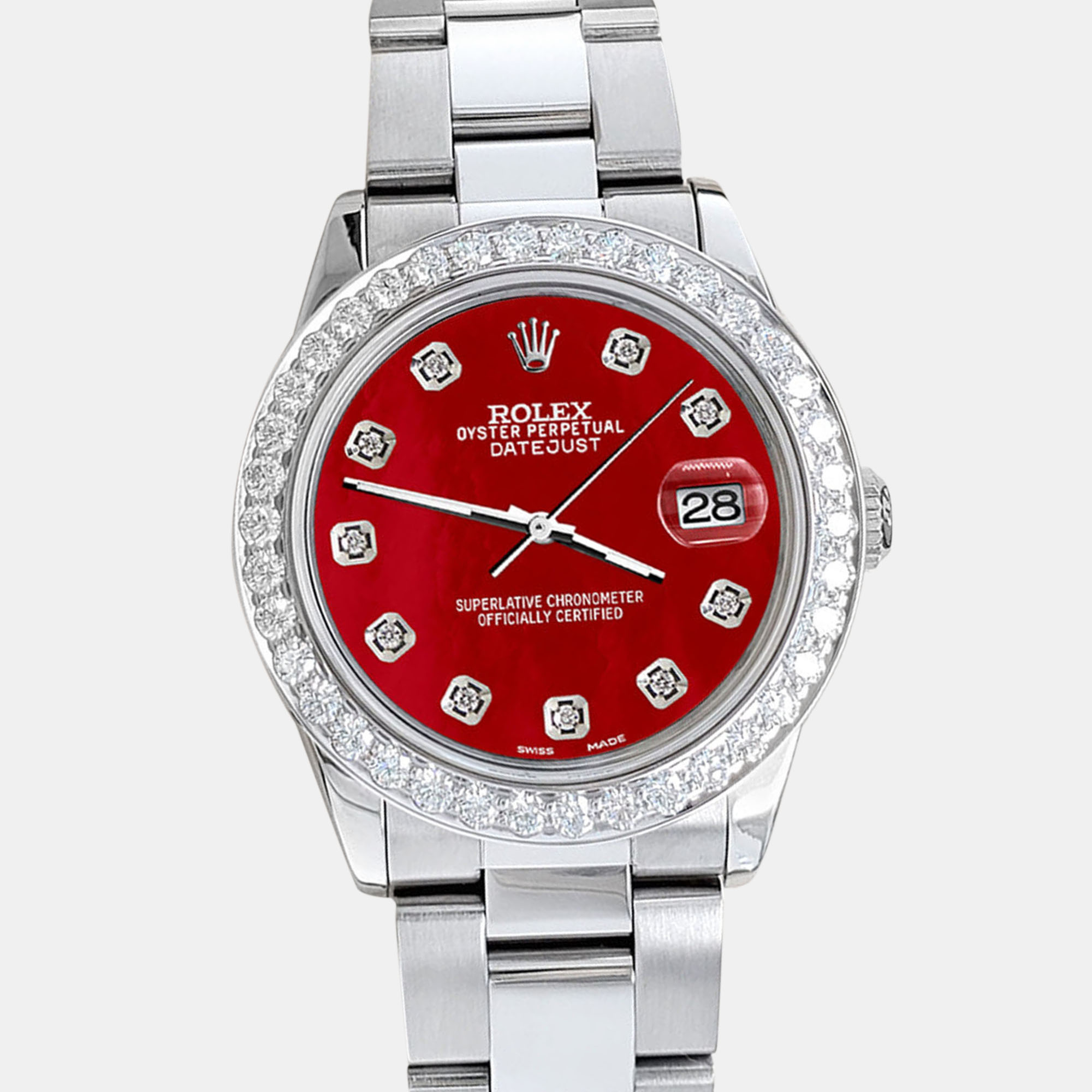 

Rolex datejust midsize  1.52ct bezel red mop diamond dial steel oyster Wristwatch