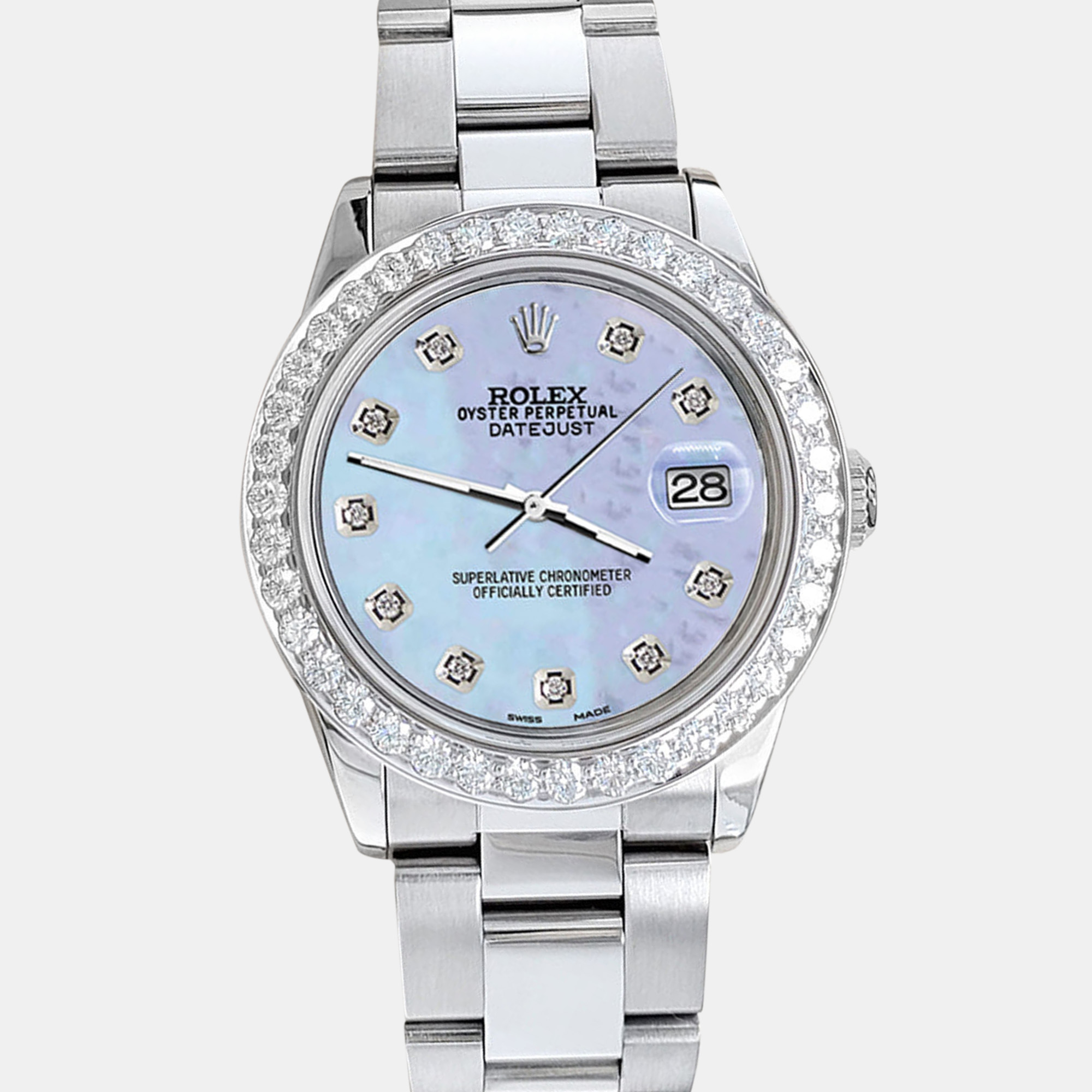 

Rolex datejust midsize  1.52ct bezel purple mop diamond dial steel oyster Wristwatch, Blue