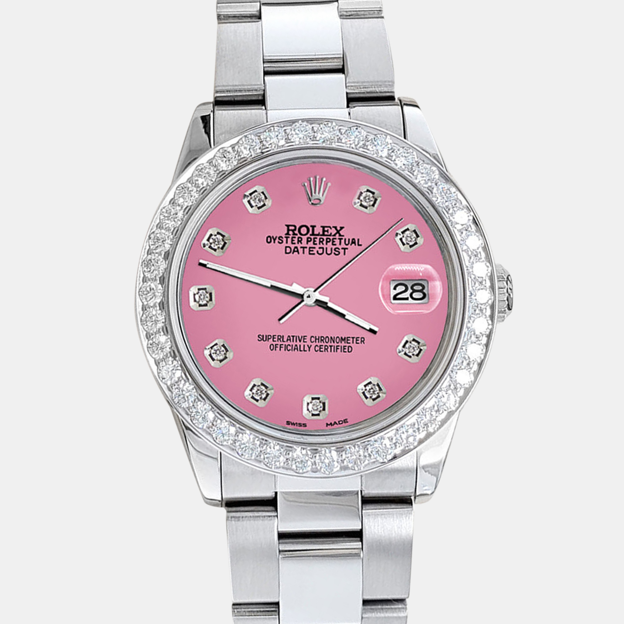 

Rolex datejust midsize  1.52ct bezel hot pink diamond dial steel oyster Wristwatch