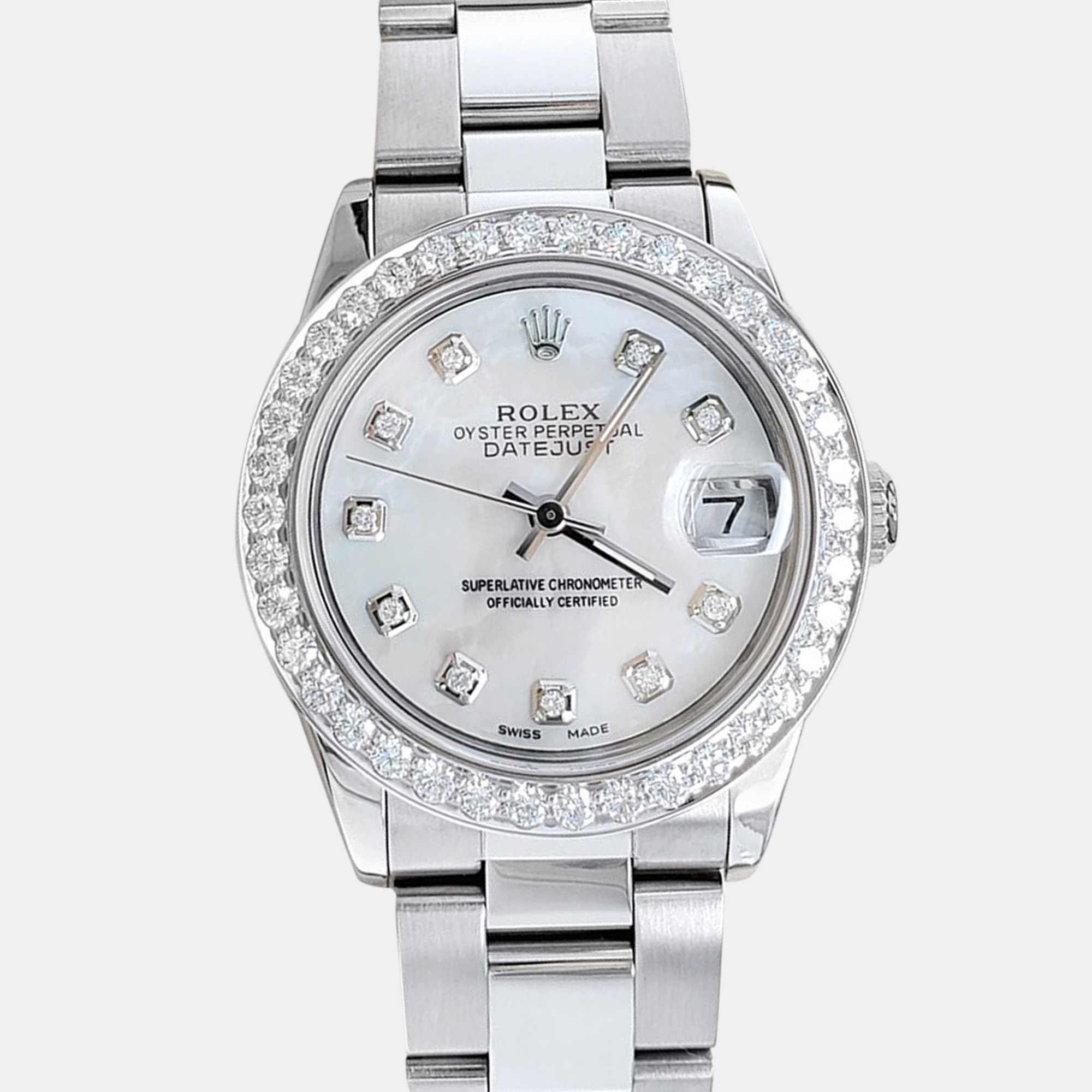 

Rolex datejust midsize  1.52ct bezel white mop diamond dial steel oyster Wristwatch, Silver