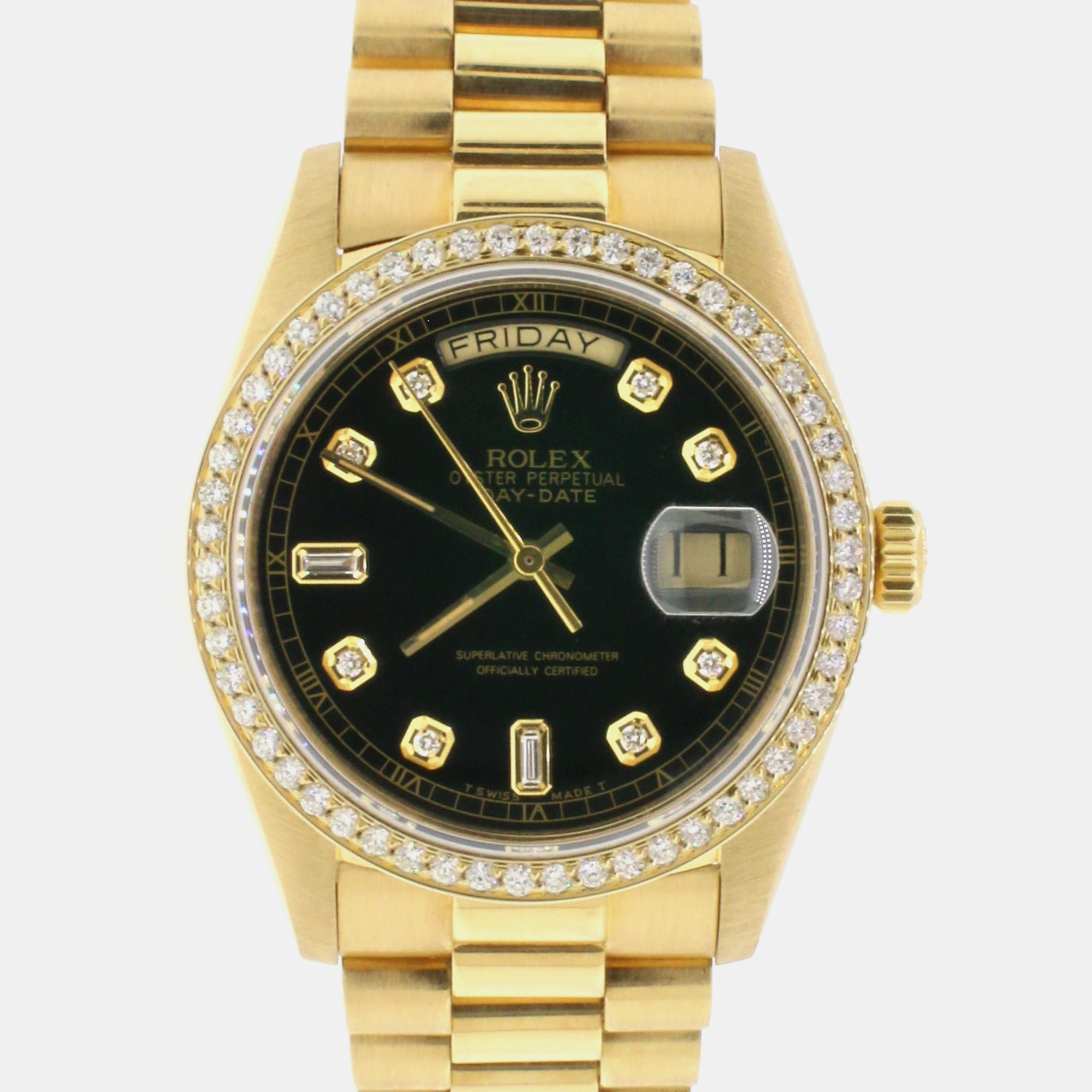 

Rolex diamond bezel black diamond dialyellow gold double quickset president day date 18238 Wristwatch