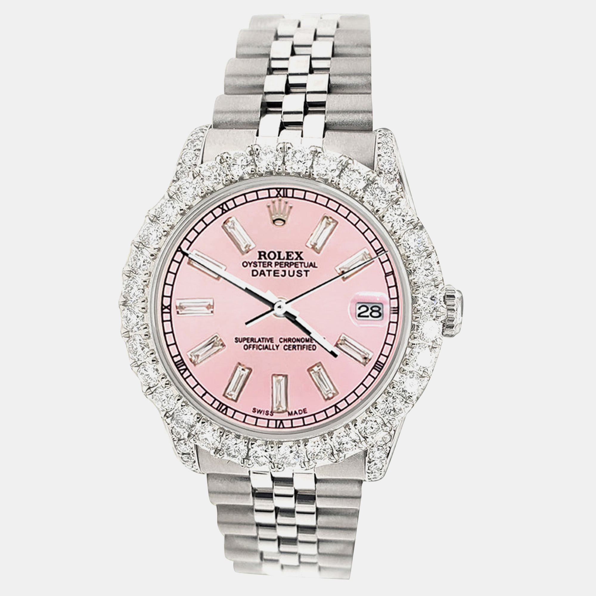 

Rolex datejust  2.95ct diamond bezel lugs pink baguette dial steel midsize jubilee Wristwatch