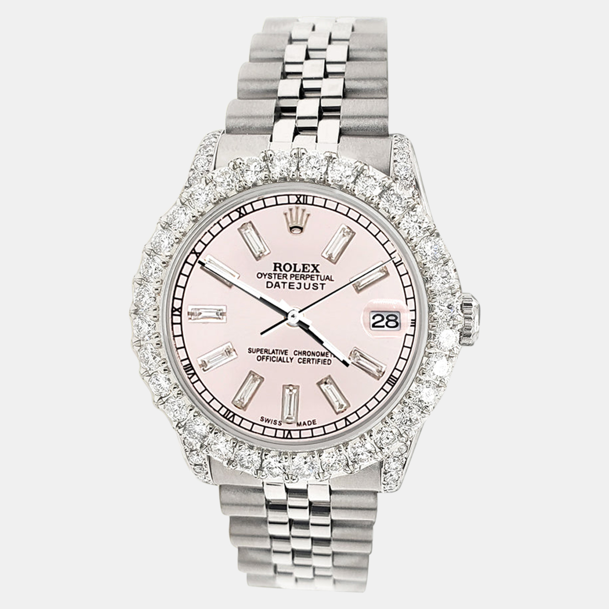 

Rolex datejust  2.95ct diamond bezel lugs orchid pink baguette dial steel midsize jubilee Wristwatch