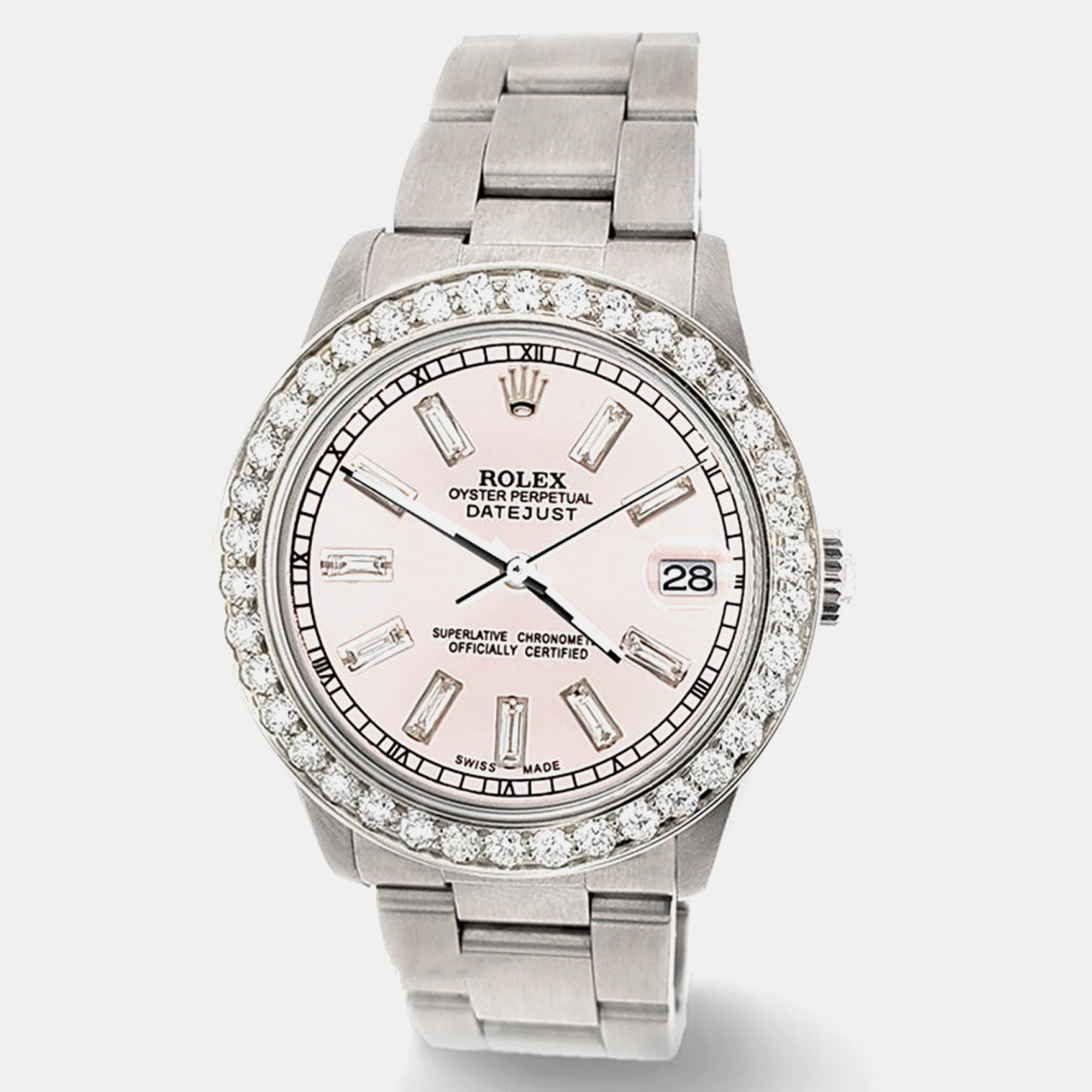 

Rolex datejust midsize  1.62ct bezel orchid pink baguette diamond dial steel oyster Wristwatch