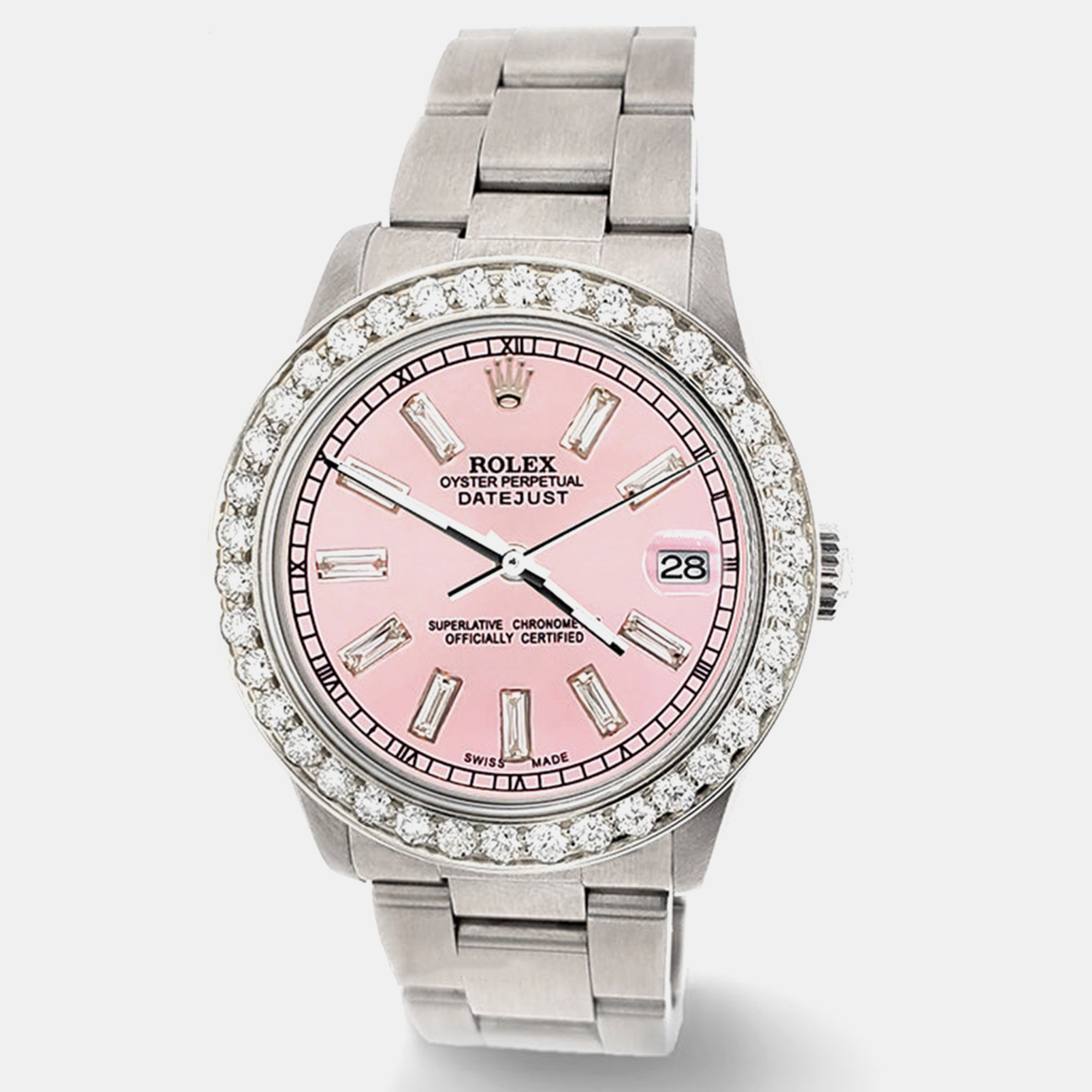 

Rolex datejust midsize  1.62ct bezel pink baguette diamond dial steel oyster Wristwatch