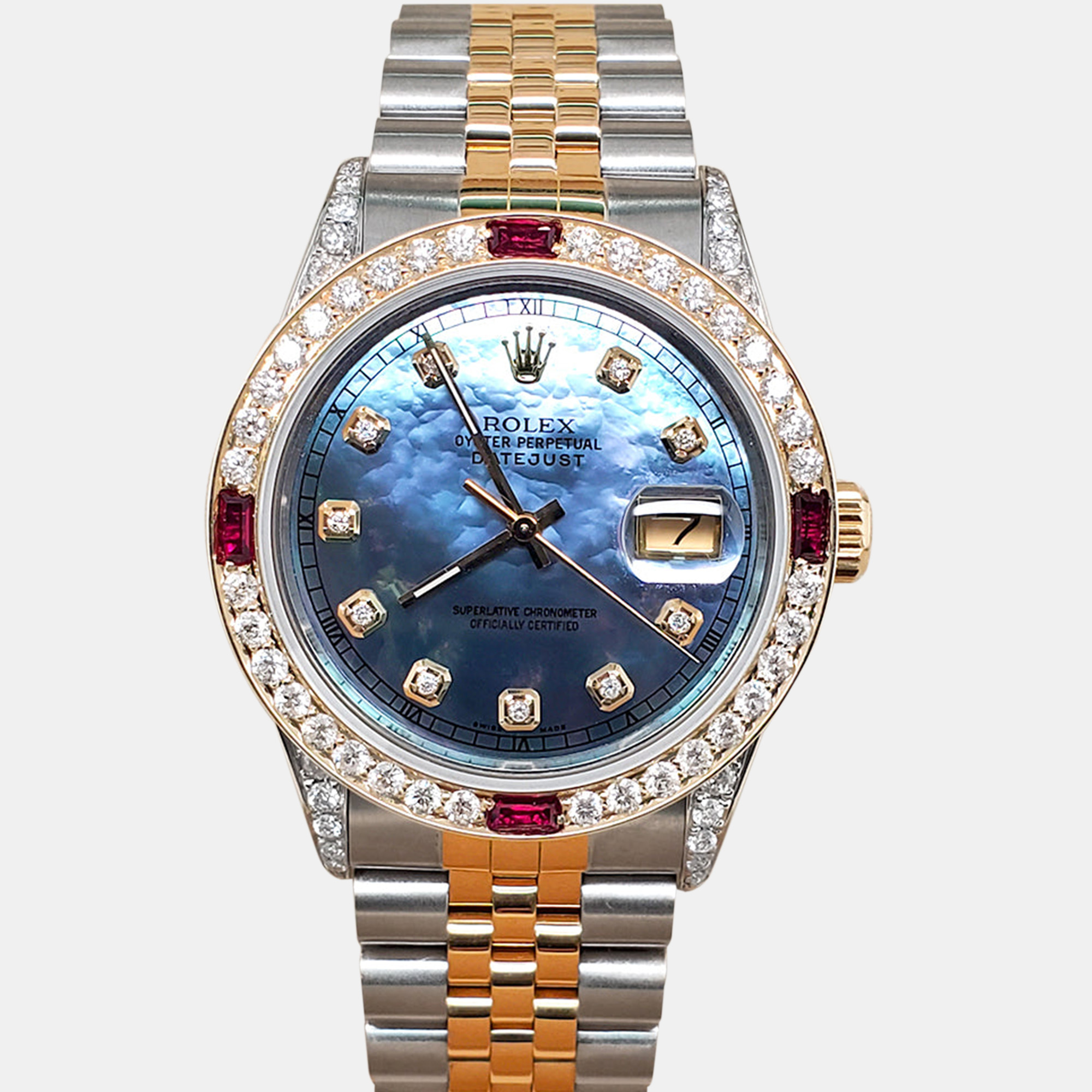 

Rolex datejust  2.48ct diamonds sapphires bezel lugs tahitian blue mop diamond dial yellow gold steel Wristwatch