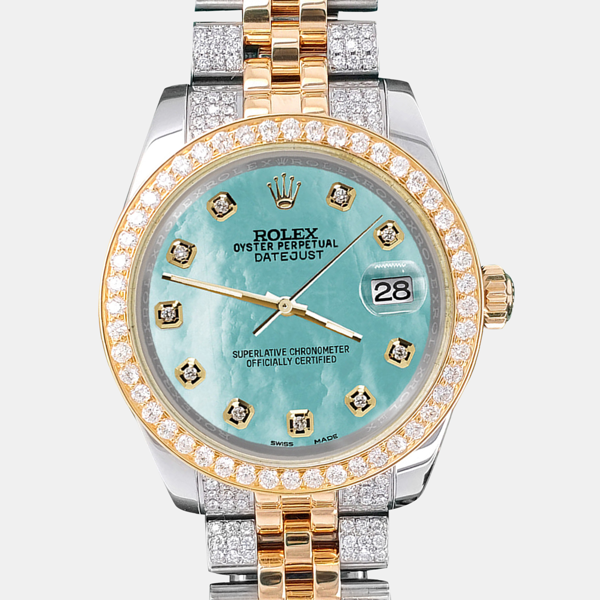 

Rolex Custom Aquamarine 3.56ct Diamonds 18K Yellow Gold Stainless Steel Datejust 178273 Automatic Women's Wristwatch, Blue